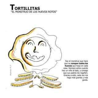 TORTILLITAS
          “EL MONSTRUO DE LOS HUEVOS ROTOS”




                                                  Soy el monstruo que hace
                                                 que se rompan todos los
                                                 huevos que haya en cada
Alejandro M. P




                                               casa. Siempre actúo cuando
                                              hay un niño al lado, y consigo
                                               que sus padres les regañen.
                                                Gracias a esto, cada vez me
                                                    hago más grande y más
                                                                      gordo.
 