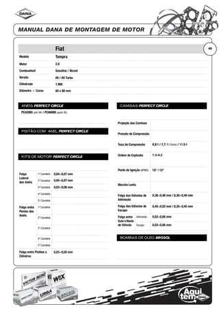 Modelo
Motor
Combustível
Versão
Cilindrada
Diâmetro ϫ Curso
ANÉIS PERFECT CIRCLE
PISTÃO COM ANEL PERFECT CIRCLE
KITS DE MOTOR PERFECT CIRCLE
Folga
Lateral
dos Anéis
1ª Canaleta
2ª Canaleta
3ª Canaleta
4ª Canaleta
5ª Canaleta
Folga entre
Pontas dos
Anéis
1ª Canaleta
2ª Canaleta
3ª Canaleta
4ª Canaleta
5ª Canaleta
Folga entre Pistões e
Cilindros
CAMISAS PERFECT CIRCLE
Projeção das Camisas
Pressão de Compressão
Taxa de Compressão
Ordem de Explosão
Ponto de Ignição (APMS)
Marcha Lenta
Folga das Válvulas de
Admissão
Folga das Válvulas de
Escape
Folga entre
Guia eHaste
de Válvula
Admissão
Escape
BOMBAS DE ÓLEO BROSOL
48Fiat
Tempra
2.0
Gasolina / Álcool
8V / 8V Turbo
1.995
84 x 90 mm
PC42885 (até 94) / PC46089 (após 95)
0,04~0,07 mm
0,04~0,07 mm
0,03~0,06 mm
0,03~0,05 mm
8,8:1 / 7,7: 1 (Turbo) / 11.5:1
1-3-4-2
10° / 12°
0,38~0,46 mm / 0,30~0,40 mm
0,45~0,55 mm / 0,35~0,45 mm
0,03~0,06 mm
0,03~0,06 mm
 