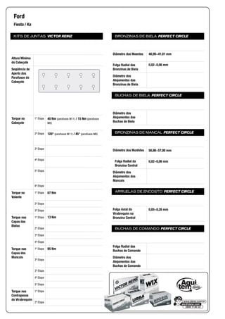 KITS DE JUNTAS VICTOR REINZ
Altura Mínima
do Cabeçote
Seqüência de
Aperto dos
Parafusos do
Cabeçote
Torque no
Cabeçote
1ª Etapa
2ª Etapa
3ª Etapa
4ª Etapa
5ª Etapa
6ª Etapa
Torque no
Volante
1ª Etapa
2ª Etapa
3ª Etapa
Torque nas
Capas das
Bielas
1ª Etapa
2ª Etapa
3ª Etapa
4ª Etapa
Torque nas
Capas dos
Mancais
1ª Etapa
2ª Etapa
3ª Etapa
4ª Etapa
5ª Etapa
Torque nos
Contrapesos
do Virabrequim
1ª Etapa
2ª Etapa
BRONZINAS DE BIELA PERFECT CIRCLE
Diâmetro dos Moentes
Folga Radial das
Bronzinas de Biela
Diâmetro dos
Alojamentos das
Bronzinas de Biela
BUCHAS DE BIELA PERFECT CIRCLE
Diâmetro dos
Alojamentos das
Buchas de Biela
BRONZINAS DE MANCAL PERFECT CIRCLE
Diâmetro dos Munhões
Folga Radial da
Bronzina Central
Diâmetro dos
Alojamentos dos
Mancais
ARRUELAS DE ENCOSTO PERFECT CIRCLE
Folga Axial do
Virabrequim na
Bronzina Central
BUCHAS DE COMANDO PERFECT CIRCLE
Folga Radial das
Buchas de Comando
Diâmetro dos
Alojamentos das
Buchas de Comando
Ford
Fiesta / Ka
7 5 42 10
9 3 61 8
40 Nm (parafusos M11) / 15 Nm (parafusos
M8)
120° (parafusos M11) / 45° (parafusos M8)
67 Nm
13 Nm
95 Nm
40,99~41,01 mm
0,02~0,06 mm
56,98~57,00 mm
0,02~0,06 mm
0,05~0,26 mm
 