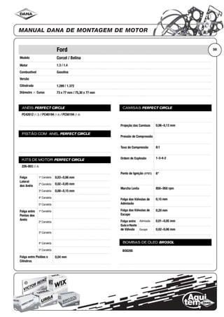 Modelo
Motor
Combustível
Versão
Cilindrada
Diâmetro ϫ Curso
ANÉIS PERFECT CIRCLE
PISTÃO COM ANEL PERFECT CIRCLE
KITS DE MOTOR PERFECT CIRCLE
Folga
Lateral
dos Anéis
1ª Canaleta
2ª Canaleta
3ª Canaleta
4ª Canaleta
5ª Canaleta
Folga entre
Pontas dos
Anéis
1ª Canaleta
2ª Canaleta
3ª Canaleta
4ª Canaleta
5ª Canaleta
Folga entre Pistões e
Cilindros
CAMISAS PERFECT CIRCLE
Projeção das Camisas
Pressão de Compressão
Taxa de Compressão
Ordem de Explosão
Ponto de Ignição (APMS)
Marcha Lenta
Folga das Válvulas de
Admissão
Folga das Válvulas de
Escape
Folga entre
Guia eHaste
de Válvula
Admissão
Escape
BOMBAS DE ÓLEO BROSOL
58Ford
Corcel / Belina
1.3 / 1.4
Gasolina
1.289 / 1.372
73 x 77 mm / 75,30 x 77 mm
PC42612 (1.3) / PC46194 (1.4) / PC56194 (1.4)
226-003 (1.4)
0,03~0,06 mm
0,02~0,05 mm
0,08~0,15 mm
0,04 mm
0,06~0,13 mm
8:1
1-3-4-2
8°
850~950 rpm
0,15 mm
0,20 mm
0,01~0,05 mm
0,02~0,06 mm
BO0205
 