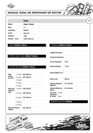 Modelo
Motor
Combustível
Versão
Cilindrada
Diâmetro ϫ Curso
ANÉIS PERFECT CIRCLE
PISTÃO COM ANEL PERFECT CIRCLE
KITS DE MOTOR PERFECT CIRCLE
Folga
Lateral
dos Anéis
1ª Canaleta
2ª Canaleta
3ª Canaleta
4ª Canaleta
5ª Canaleta
Folga entre
Pontas dos
Anéis
1ª Canaleta
2ª Canaleta
3ª Canaleta
4ª Canaleta
5ª Canaleta
Folga entre Pistões e
Cilindros
CAMISAS PERFECT CIRCLE
Projeção das Camisas
Pressão de Compressão
Taxa de Compressão
Ordem de Explosão
Ponto de Ignição (APMS)
Marcha Lenta
Folga das Válvulas de
Admissão
Folga das Válvulas de
Escape
Folga entre
Guia eHaste
de Válvula
Admissão
Escape
BOMBAS DE ÓLEO BROSOL
60Ford
Fiesta / Courier
1.4
Gasolina
Zetec 16V
1.388
75,90 x 76,50 mm
0,04~0,08 mm
0,03~0,06 mm
0,20~0,30 mm
0,30~0,50 mm
0,15~0,65 mm
0,03~0,05 mm
10,3:1
1-3-4-2
900 rpm
0,17~0,23 mm
0,27~0,33 mm
 