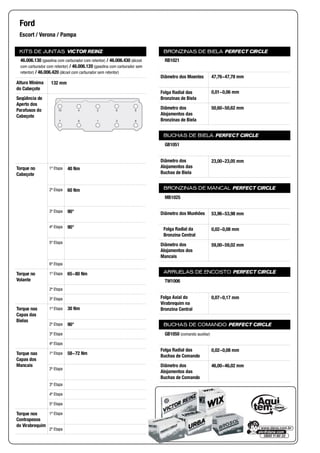 KITS DE JUNTAS VICTOR REINZ
Altura Mínima
do Cabeçote
Seqüência de
Aperto dos
Parafusos do
Cabeçote
Torque no
Cabeçote
1ª Etapa
2ª Etapa
3ª Etapa
4ª Etapa
5ª Etapa
6ª Etapa
Torque no
Volante
1ª Etapa
2ª Etapa
3ª Etapa
Torque nas
Capas das
Bielas
1ª Etapa
2ª Etapa
3ª Etapa
4ª Etapa
Torque nas
Capas dos
Mancais
1ª Etapa
2ª Etapa
3ª Etapa
4ª Etapa
5ª Etapa
Torque nos
Contrapesos
do Virabrequim
1ª Etapa
2ª Etapa
BRONZINAS DE BIELA PERFECT CIRCLE
Diâmetro dos Moentes
Folga Radial das
Bronzinas de Biela
Diâmetro dos
Alojamentos das
Bronzinas de Biela
BUCHAS DE BIELA PERFECT CIRCLE
Diâmetro dos
Alojamentos das
Buchas de Biela
BRONZINAS DE MANCAL PERFECT CIRCLE
Diâmetro dos Munhões
Folga Radial da
Bronzina Central
Diâmetro dos
Alojamentos dos
Mancais
ARRUELAS DE ENCOSTO PERFECT CIRCLE
Folga Axial do
Virabrequim na
Bronzina Central
BUCHAS DE COMANDO PERFECT CIRCLE
Folga Radial das
Buchas de Comando
Diâmetro dos
Alojamentos das
Buchas de Comando
Ford
Escort / Verona / Pampa
46.006.130 (gasolina com carburador com retentor) / 46.006.430 (álcool
com carburador com retentor) / 46.006.120 (gasolina com carburador sem
retentor) / 46.006.420 (álcool com carburador sem retentor)
132 mm
10 4 2 6 8
7 5 1 3 9
40 Nm
60 Nm
90°
90°
65~80 Nm
30 Nm
90°
58~72 Nm
RB1021
47,76~47,78 mm
0,01~0,06 mm
50,60~50,62 mm
GB1051
23,00~23,05 mm
MB1025
53,96~53,98 mm
0,02~0,08 mm
59,00~59,02 mm
TW1006
0,07~0,17 mm
GB1050 (comando auxiliar)
0,02~0,08 mm
46,00~46,02 mm
 