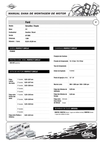Modelo
Motor
Combustível
Versão
Cilindrada
Diâmetro ϫ Curso
ANÉIS PERFECT CIRCLE
PISTÃO COM ANEL PERFECT CIRCLE
KITS DE MOTOR PERFECT CIRCLE
Folga
Lateral
dos Anéis
1ª Canaleta
2ª Canaleta
3ª Canaleta
4ª Canaleta
5ª Canaleta
Folga entre
Pontas dos
Anéis
1ª Canaleta
2ª Canaleta
3ª Canaleta
4ª Canaleta
5ª Canaleta
Folga entre Pistões e
Cilindros
CAMISAS PERFECT CIRCLE
Projeção das Camisas
Pressão de Compressão
Taxa de Compressão
Ordem de Explosão
Ponto de Ignição (APMS)
Marcha Lenta
Folga das Válvulas de
Admissão
Folga das Válvulas de
Escape
Folga entre
Guia eHaste
de Válvula
Admissão
Escape
BOMBAS DE ÓLEO BROSOL
67Ford
Versailles / Royale
2.0
Gasolina / Álcool
AP 2000
1.984
82,50 x 92,80 mm
PC46040
226-043 (gasolina)
0,02~0,07 mm
0,02~0,07 mm
0,02~0,06 mm
0,20~0,40 mm
0,20~0,40 mm
0,25~0,50 mm
0,02~0,03 mm
12~13 bar / 18~19 bar
1-3-4-2
12° / 9°
900~1.000 rpm / 950~1.050 rpm
0,20 mm
0,45 mm
BO0725 / BO0730 (Pointer / Logus com defletor de óleo) / BO0745 (Pointer
/ Logus sem defletor de óleo)
 