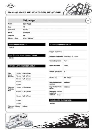 Modelo
Motor
Combustível
Versão
Cilindrada
Diâmetro ϫ Curso
ANÉIS PERFECT CIRCLE
PISTÃO COM ANEL PERFECT CIRCLE
KITS DE MOTOR PERFECT CIRCLE
Folga
Lateral
dos Anéis
1ª Canaleta
2ª Canaleta
3ª Canaleta
4ª Canaleta
5ª Canaleta
Folga entre
Pontas dos
Anéis
1ª Canaleta
2ª Canaleta
3ª Canaleta
4ª Canaleta
5ª Canaleta
Folga entre Pistões e
Cilindros
CAMISAS PERFECT CIRCLE
Projeção das Camisas
Pressão de Compressão
Taxa de Compressão
Ordem de Explosão
Ponto de Ignição (APMS)
Marcha Lenta
Folga das Válvulas de
Admissão
Folga das Válvulas de
Escape
Folga entre
Guia eHaste
de Válvula
Admissão
Escape
BOMBAS DE ÓLEO BROSOL
93Volkswagen
Gol / Parati
1.0
Gasolina
AT 1000 16V
999
67,10 x 70,60 mm
PC46132
226-093
0,04~0,07 mm
0,02~0,07 mm
0,01~0,17 mm
0,15~0,35 mm
0,20~0,40 mm
0,25~0,75 mm
0,02 mm
14~16 bar (11 bar – mínima)
10,8:1
1-3-4-2
6°
770~870 rpm
hidráulico
hidráulico
BO0700
 