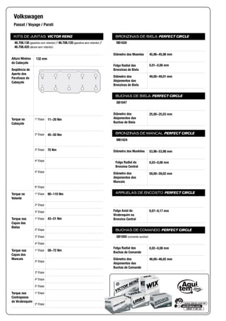 KITS DE JUNTAS VICTOR REINZ
Altura Mínima
do Cabeçote
Seqüência de
Aperto dos
Parafusos do
Cabeçote
Torque no
Cabeçote
1ª Etapa
2ª Etapa
3ª Etapa
4ª Etapa
5ª Etapa
6ª Etapa
Torque no
Volante
1ª Etapa
2ª Etapa
3ª Etapa
Torque nas
Capas das
Bielas
1ª Etapa
2ª Etapa
3ª Etapa
4ª Etapa
Torque nas
Capas dos
Mancais
1ª Etapa
2ª Etapa
3ª Etapa
4ª Etapa
5ª Etapa
Torque nos
Contrapesos
do Virabrequim
1ª Etapa
2ª Etapa
BRONZINAS DE BIELA PERFECT CIRCLE
Diâmetro dos Moentes
Folga Radial das
Bronzinas de Biela
Diâmetro dos
Alojamentos das
Bronzinas de Biela
BUCHAS DE BIELA PERFECT CIRCLE
Diâmetro dos
Alojamentos das
Buchas de Biela
BRONZINAS DE MANCAL PERFECT CIRCLE
Diâmetro dos Munhões
Folga Radial da
Bronzina Central
Diâmetro dos
Alojamentos dos
Mancais
ARRUELAS DE ENCOSTO PERFECT CIRCLE
Folga Axial do
Virabrequim na
Bronzina Central
BUCHAS DE COMANDO PERFECT CIRCLE
Folga Radial das
Buchas de Comando
Diâmetro dos
Alojamentos das
Buchas de Comando
Volkswagen
Passat / Voyage / Parati
46.708.130 (gasolina com retentor) / 46.708.120 (gasolina sem retentor) /
46.708.420 (álcool sem retentor)
132 mm
10 4 2 6 8
7 5 1 3 9
11~20 Nm
45~50 Nm
75 Nm
90~110 Nm
43~51 Nm
58~72 Nm
RB1020
45,96~45,98 mm
0,01~0,06 mm
49,00~49,01 mm
GB1047
25,00~25,03 mm
MB1024
53,96~53,98 mm
0,03~0,08 mm
59,00~59,02 mm
0,07~0,17 mm
GB1050 (comando auxiliar)
0,02~0,08 mm
46,00~46,02 mm
 