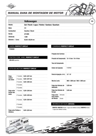 Modelo
Motor
Combustível
Versão
Cilindrada
Diâmetro ϫ Curso
ANÉIS PERFECT CIRCLE
PISTÃO COM ANEL PERFECT CIRCLE
KITS DE MOTOR PERFECT CIRCLE
Folga
Lateral
dos Anéis
1ª Canaleta
2ª Canaleta
3ª Canaleta
4ª Canaleta
5ª Canaleta
Folga entre
Pontas dos
Anéis
1ª Canaleta
2ª Canaleta
3ª Canaleta
4ª Canaleta
5ª Canaleta
Folga entre Pistões e
Cilindros
CAMISAS PERFECT CIRCLE
Projeção das Camisas
Pressão de Compressão
Taxa de Compressão
Ordem de Explosão
Ponto de Ignição (APMS)
Marcha Lenta
Folga das Válvulas de
Admissão
Folga das Válvulas de
Escape
Folga entre
Guia eHaste
de Válvula
Admissão
Escape
BOMBAS DE ÓLEO BROSOL
105Volkswagen
Gol / Parati / Logus / Pointer / Santana / Quantum
2.0
Gasolina / Álcool
AP 2000
1.984
82,50 x 92,80 mm
PC46040
226-043 (gasolina)
0,02~0,07 mm
0,02~0,07 mm
0,02~0,06 mm
0,20~0,40 mm
0,20~0,40 mm
0,25~0,50 mm
0,02~0,03 mm
12~13 bar / 18~19 bar
1-3-4-2
12° / 9°
900~1.000 rpm / 950~1.050 rpm
0,20 mm
0,45 mm
BO0725 / BO0730 (Pointer / Logus com defletor de óleo) / BO0745 (Pointer
/ Logus sem defletor de óleo)
 