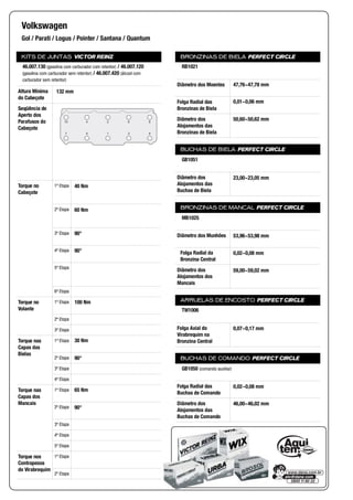 KITS DE JUNTAS VICTOR REINZ
Altura Mínima
do Cabeçote
Seqüência de
Aperto dos
Parafusos do
Cabeçote
Torque no
Cabeçote
1ª Etapa
2ª Etapa
3ª Etapa
4ª Etapa
5ª Etapa
6ª Etapa
Torque no
Volante
1ª Etapa
2ª Etapa
3ª Etapa
Torque nas
Capas das
Bielas
1ª Etapa
2ª Etapa
3ª Etapa
4ª Etapa
Torque nas
Capas dos
Mancais
1ª Etapa
2ª Etapa
3ª Etapa
4ª Etapa
5ª Etapa
Torque nos
Contrapesos
do Virabrequim
1ª Etapa
2ª Etapa
BRONZINAS DE BIELA PERFECT CIRCLE
Diâmetro dos Moentes
Folga Radial das
Bronzinas de Biela
Diâmetro dos
Alojamentos das
Bronzinas de Biela
BUCHAS DE BIELA PERFECT CIRCLE
Diâmetro dos
Alojamentos das
Buchas de Biela
BRONZINAS DE MANCAL PERFECT CIRCLE
Diâmetro dos Munhões
Folga Radial da
Bronzina Central
Diâmetro dos
Alojamentos dos
Mancais
ARRUELAS DE ENCOSTO PERFECT CIRCLE
Folga Axial do
Virabrequim na
Bronzina Central
BUCHAS DE COMANDO PERFECT CIRCLE
Folga Radial das
Buchas de Comando
Diâmetro dos
Alojamentos das
Buchas de Comando
Volkswagen
Gol / Parati / Logus / Pointer / Santana / Quantum
46.007.130 (gasolina com carburador com retentor) / 46.007.120
(gasolina com carburador sem retentor) / 46.007.420 (álcool com
carburador sem retentor)
132 mm
10 4 2 6 8
7 5 1 3 9
40 Nm
60 Nm
90°
90°
100 Nm
30 Nm
90°
65 Nm
90°
RB1021
47,76~47,78 mm
0,01~0,06 mm
50,60~50,62 mm
GB1051
23,00~23,05 mm
MB1025
53,96~53,98 mm
0,02~0,08 mm
59,00~59,02 mm
TW1006
0,07~0,17 mm
GB1050 (comando auxiliar)
0,02~0,08 mm
46,00~46,02 mm
 
