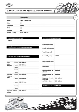 Modelo
Motor
Combustível
Versão
Cilindrada
Diâmetro ϫ Curso
ANÉIS PERFECT CIRCLE
PISTÃO COM ANEL PERFECT CIRCLE
KITS DE MOTOR PERFECT CIRCLE
Folga
Lateral
dos Anéis
1ª Canaleta
2ª Canaleta
3ª Canaleta
4ª Canaleta
5ª Canaleta
Folga entre
Pontas dos
Anéis
1ª Canaleta
2ª Canaleta
3ª Canaleta
4ª Canaleta
5ª Canaleta
Folga entre Pistões e
Cilindros
CAMISAS PERFECT CIRCLE
Projeção das Camisas
Pressão de Compressão
Taxa de Compressão
Ordem de Explosão
Ponto de Ignição (APMS)
Marcha Lenta
Folga das Válvulas de
Admissão
Folga das Válvulas de
Escape
Folga entre
Guia eHaste
de Válvula
Admissão
Escape
BOMBAS DE ÓLEO BROSOL
7Chevrolet
Corsa / Sedan / SW
1.0
Gasolina
16V
999
71,10 x 62,90 mm
PC46161
0,06~0,09 mm
0,03~0,06 mm
0,25~0,45 mm
0,25~0,45 mm
0,38~1,14 mm
0,01~0,03 mm
1-3-4-2
hidráulico
hidráulico
0,02~0,05 mm
0,02~0,05 mm
 