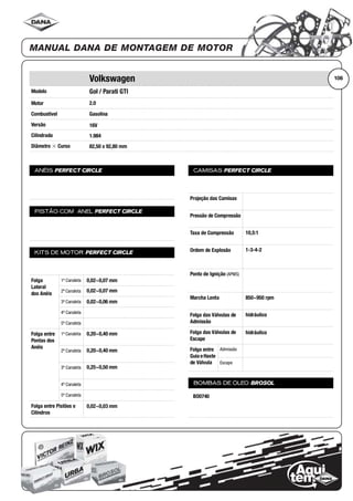 Modelo
Motor
Combustível
Versão
Cilindrada
Diâmetro ϫ Curso
ANÉIS PERFECT CIRCLE
PISTÃO COM ANEL PERFECT CIRCLE
KITS DE MOTOR PERFECT CIRCLE
Folga
Lateral
dos Anéis
1ª Canaleta
2ª Canaleta
3ª Canaleta
4ª Canaleta
5ª Canaleta
Folga entre
Pontas dos
Anéis
1ª Canaleta
2ª Canaleta
3ª Canaleta
4ª Canaleta
5ª Canaleta
Folga entre Pistões e
Cilindros
CAMISAS PERFECT CIRCLE
Projeção das Camisas
Pressão de Compressão
Taxa de Compressão
Ordem de Explosão
Ponto de Ignição (APMS)
Marcha Lenta
Folga das Válvulas de
Admissão
Folga das Válvulas de
Escape
Folga entre
Guia eHaste
de Válvula
Admissão
Escape
BOMBAS DE ÓLEO BROSOL
106Volkswagen
Gol / Parati GTI
2.0
Gasolina
16V
1.984
82,50 x 92,80 mm
0,02~0,07 mm
0,02~0,07 mm
0,02~0,06 mm
0,20~0,40 mm
0,20~0,40 mm
0,25~0,50 mm
0,02~0,03 mm
10,5:1
1-3-4-2
850~950 rpm
hidráulico
hidráulico
BO0740
 