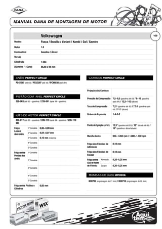 Modelo
Motor
Combustível
Versão
Cilindrada
Diâmetro ϫ Curso
ANÉIS PERFECT CIRCLE
PISTÃO COM ANEL PERFECT CIRCLE
KITS DE MOTOR PERFECT CIRCLE
Folga
Lateral
dos Anéis
1ª Canaleta
2ª Canaleta
3ª Canaleta
4ª Canaleta
5ª Canaleta
Folga entre
Pontas dos
Anéis
1ª Canaleta
2ª Canaleta
3ª Canaleta
4ª Canaleta
5ª Canaleta
Folga entre Pistões e
Cilindros
CAMISAS PERFECT CIRCLE
Projeção das Camisas
Pressão de Compressão
Taxa de Compressão
Ordem de Explosão
Ponto de Ignição (APMS)
Marcha Lenta
Folga das Válvulas de
Admissão
Folga das Válvulas de
Escape
Folga entre
Guia eHaste
de Válvula
Admissão
Escape
BOMBAS DE ÓLEO BROSOL
109Volkswagen
Fusca / Brasilia / Variant / Kombi / Gol / Saveiro
1.6
Gasolina / Álcool
1.584
85,50 x 69 mm
PC42297 (até 83) / PC52297 (até 83) / PC46038 (após 84)
226-063 (até 83 – gasolina) / 226-061 (após 84 – gasolina)
226-017 (até 83 – gasolina) / 226-119 (após 84 – gasolina) / 226-119
MK
0,06~0,09 mm
0,04~0,07 mm
0,15 mm (máxima)
0,05 mm
7,5~9,5 (gasolina até 83) / 8~10 (gasolina
após 84) / 12,5~14,5 (álcool)
7,2:1 (gasolina até 83) / 7,5:1 (gasolina após
84) / 11:1 (álcool)
1-4-3-2
12,5° (gasolina até 83) / 15° (álcool até 86) /
10° (gasolina e álcool atuais)
950~1.050 rpm / 1.000~1.100 rpm
0,10 mm
0,10 mm
0,20~0,25 mm
0,20~0,25 mm
BO0705 (engrenagem de 21 mm) / BO0710 (engrenagem de 26 mm)
 
