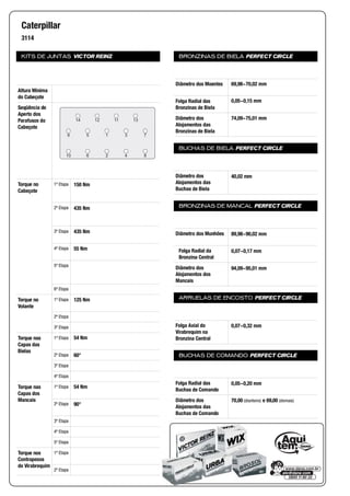 KITS DE JUNTAS VICTOR REINZ
Altura Mínima
do Cabeçote
Seqüência de
Aperto dos
Parafusos do
Cabeçote
Torque no
Cabeçote
1ª Etapa
2ª Etapa
3ª Etapa
4ª Etapa
5ª Etapa
6ª Etapa
Torque no
Volante
1ª Etapa
2ª Etapa
3ª Etapa
Torque nas
Capas das
Bielas
1ª Etapa
2ª Etapa
3ª Etapa
4ª Etapa
Torque nas
Capas dos
Mancais
1ª Etapa
2ª Etapa
3ª Etapa
4ª Etapa
5ª Etapa
Torque nos
Contrapesos
do Virabrequim
1ª Etapa
2ª Etapa
BRONZINAS DE BIELA PERFECT CIRCLE
Diâmetro dos Moentes
Folga Radial das
Bronzinas de Biela
Diâmetro dos
Alojamentos das
Bronzinas de Biela
BUCHAS DE BIELA PERFECT CIRCLE
Diâmetro dos
Alojamentos das
Buchas de Biela
BRONZINAS DE MANCAL PERFECT CIRCLE
Diâmetro dos Munhões
Folga Radial da
Bronzina Central
Diâmetro dos
Alojamentos dos
Mancais
ARRUELAS DE ENCOSTO PERFECT CIRCLE
Folga Axial do
Virabrequim na
Bronzina Central
BUCHAS DE COMANDO PERFECT CIRCLE
Folga Radial das
Buchas de Comando
Diâmetro dos
Alojamentos das
Buchas de Comando
Caterpillar
3114
14
9
10
12
5
6
11
1
2
13
3
4
7
8
150 Nm
435 Nm
435 Nm
55 Nm
125 Nm
54 Nm
60°
54 Nm
90°
69,98~70,02 mm
0,05~0,15 mm
74,09~75,01 mm
40,02 mm
89,98~90,02 mm
0,07~0,17 mm
94,09~95,01 mm
0,07~0,32 mm
0,05~0,20 mm
70,00 (dianteiro) e 69,00 (demais)
 