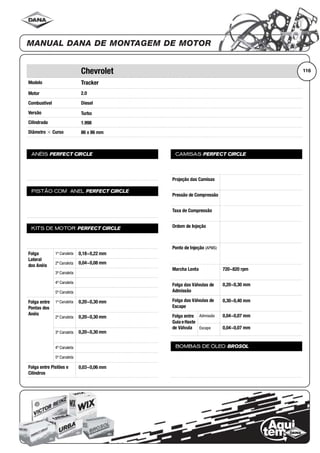 Modelo
Motor
Combustível
Versão
Cilindrada
Diâmetro ϫ Curso
ANÉIS PERFECT CIRCLE
PISTÃO COM ANEL PERFECT CIRCLE
KITS DE MOTOR PERFECT CIRCLE
Folga
Lateral
dos Anéis
1ª Canaleta
2ª Canaleta
3ª Canaleta
4ª Canaleta
5ª Canaleta
Folga entre
Pontas dos
Anéis
1ª Canaleta
2ª Canaleta
3ª Canaleta
4ª Canaleta
5ª Canaleta
Folga entre Pistões e
Cilindros
CAMISAS PERFECT CIRCLE
Projeção das Camisas
Pressão de Compressão
Taxa de Compressão
Ordem de Injeção
Ponto de Injeção (APMS)
Marcha Lenta
Folga das Válvulas de
Admissão
Folga das Válvulas de
Escape
Folga entre
Guia eHaste
de Válvula
Admissão
Escape
BOMBAS DE ÓLEO BROSOL
116Chevrolet
Tracker
2.0
Diesel
Turbo
1.998
86 x 86 mm
0,18~0,22 mm
0,04~0,08 mm
0,20~0,30 mm
0,20~0,30 mm
0,20~0,30 mm
0,03~0,06 mm
720~820 rpm
0,20~0,30 mm
0,30~0,40 mm
0,04~0,07 mm
0,04~0,07 mm
 