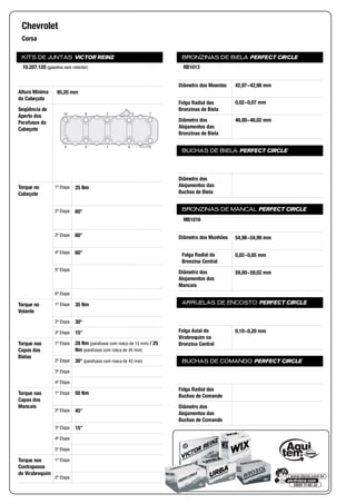 KITS DE JUNTAS VICTOR REINZ
Altura Mínima
do Cabeçote
Seqüência de
Aperto dos
Parafusos do
Cabeçote
Torque no
Cabeçote
1ª Etapa
2ª Etapa
3ª Etapa
4ª Etapa
5ª Etapa
6ª Etapa
Torque no
Volante
1ª Etapa
2ª Etapa
3ª Etapa
Torque nas
Capas das
Bielas
1ª Etapa
2ª Etapa
3ª Etapa
4ª Etapa
Torque nas
Capas dos
Mancais
1ª Etapa
2ª Etapa
3ª Etapa
4ª Etapa
5ª Etapa
Torque nos
Contrapesos
do Virabrequim
1ª Etapa
2ª Etapa
BRONZINAS DE BIELA PERFECT CIRCLE
Diâmetro dos Moentes
Folga Radial das
Bronzinas de Biela
Diâmetro dos
Alojamentos das
Bronzinas de Biela
BUCHAS DE BIELA PERFECT CIRCLE
Diâmetro dos
Alojamentos das
Buchas de Biela
BRONZINAS DE MANCAL PERFECT CIRCLE
Diâmetro dos Munhões
Folga Radial da
Bronzina Central
Diâmetro dos
Alojamentos dos
Mancais
ARRUELAS DE ENCOSTO PERFECT CIRCLE
Folga Axial do
Virabrequim na
Bronzina Central
BUCHAS DE COMANDO PERFECT CIRCLE
Folga Radial das
Buchas de Comando
Diâmetro dos
Alojamentos das
Buchas de Comando
Chevrolet
Corsa
10.207.120 (gasolina sem retentor)
95,20 mm
10 6 2 3 7
9 5 1 4 8
25 Nm
60°
60°
60°
35 Nm
30°
15°
28 Nm (parafusos com rosca de 15 mm) / 25
Nm (parafusos com rosca de 45 mm)
30° (parafusos com rosca de 45 mm)
50 Nm
45°
15°
RB1013
42,97~42,98 mm
0,02~0,07 mm
46,00~46,02 mm
MB1016
54,98~54,99 mm
0,02~0,05 mm
59,00~59,02 mm
0,10~0,20 mm
 