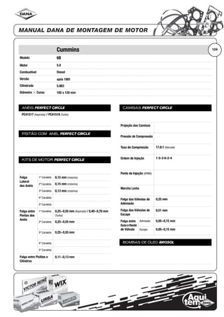 Modelo
Motor
Combustível
Versão
Cilindrada
Diâmetro ϫ Curso
ANÉIS PERFECT CIRCLE
PISTÃO COM ANEL PERFECT CIRCLE
KITS DE MOTOR PERFECT CIRCLE
Folga
Lateral
dos Anéis
1ª Canaleta
2ª Canaleta
3ª Canaleta
4ª Canaleta
5ª Canaleta
Folga entre
Pontas dos
Anéis
1ª Canaleta
2ª Canaleta
3ª Canaleta
4ª Canaleta
5ª Canaleta
Folga entre Pistões e
Cilindros
CAMISAS PERFECT CIRCLE
Projeção das Camisas
Pressão de Compressão
Taxa de Compressão
Ordem de Injeção
Ponto de Injeção (APMS)
Marcha Lenta
Folga das Válvulas de
Admissão
Folga das Válvulas de
Escape
Folga entre
Guia eHaste
de Válvula
Admissão
Escape
BOMBAS DE ÓLEO BROSOL
124Cummins
6B
5.9
Diesel
após 1991
5.883
102 x 120 mm
PC41517 (Aspirado) / PC41518 (Turbo)
0,15 mm (máxima)
0,15 mm (máxima)
0,13 mm (máxima)
0,25~0,55 mm (Aspirado) / 0,40~0,70 mm
(Turbo)
0,25~0,55 mm
0,25~0,55 mm
0,11~0,13 mm
17,6:1 (Veicular)
1-5-3-6-2-4
0,25 mm
0,51 mm
0,05~0,15 mm
0,05~0,15 mm
 