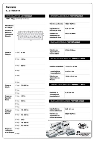KITS DE JUNTAS VICTOR REINZ
Altura Mínima
do Cabeçote
Seqüência de
Aperto dos
Parafusos do
Cabeçote
Torque no
Cabeçote
1ª Etapa
2ª Etapa
3ª Etapa
4ª Etapa
5ª Etapa
6ª Etapa
Torque no
Volante
1ª Etapa
2ª Etapa
3ª Etapa
Torque nas
Capas das
Bielas
1ª Etapa
2ª Etapa
3ª Etapa
4ª Etapa
Torque nas
Capas dos
Mancais
1ª Etapa
2ª Etapa
3ª Etapa
4ª Etapa
5ª Etapa
Torque nos
Contrapesos
do Virabrequim
1ª Etapa
2ª Etapa
BRONZINAS DE BIELA PERFECT CIRCLE
Diâmetro dos Moentes
Folga Radial das
Bronzinas de Biela
Diâmetro dos
Alojamentos das
Bronzinas de Biela
BUCHAS DE BIELA PERFECT CIRCLE
Diâmetro dos
Alojamentos das
Buchas de Biela
BRONZINAS DE MANCAL PERFECT CIRCLE
Diâmetro dos Munhões
Folga Radial da
Bronzina Central
Diâmetro dos
Alojamentos dos
Mancais
ARRUELAS DE ENCOSTO PERFECT CIRCLE
Folga Axial do
Virabrequim na
Bronzina Central
BUCHAS DE COMANDO PERFECT CIRCLE
Folga Radial das
Buchas de Comando
Diâmetro dos
Alojamentos das
Buchas de Comando
Cummins
N / NT / NTA / NTTA
73.111.710 (jogo de retificação de válvulas)
21 13 5 3 11 19
25
26
22 14 6 4 12 20
18 10 1 8 16
23
24
17 9 2 7 15
35 Nm
135 Nm
385 Nm
270~300 Nm
100 Nm
230 Nm
190~200 Nm
410~430 Nm
Soltar
190~200 Nm
410~430 Nm
79,35~79,37 mm
0,05~0,12 mm
84,22~84,24 mm
57,15~57,18 mm
114,28~114,30 mm
0,05~0,13 mm
120,62~120,65 mm
0,18~0,45 mm
0,03~0,14 mm
68,24~68,27 mm
 