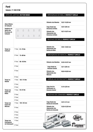 KITS DE JUNTAS VICTOR REINZ
Altura Mínima
do Cabeçote
Seqüência de
Aperto dos
Parafusos do
Cabeçote
Torque no
Cabeçote
1ª Etapa
2ª Etapa
3ª Etapa
4ª Etapa
5ª Etapa
6ª Etapa
Torque no
Volante
1ª Etapa
2ª Etapa
3ª Etapa
Torque nas
Capas das
Bielas
1ª Etapa
2ª Etapa
3ª Etapa
4ª Etapa
Torque nas
Capas dos
Mancais
1ª Etapa
2ª Etapa
3ª Etapa
4ª Etapa
5ª Etapa
Torque nos
Contrapesos
do Virabrequim
1ª Etapa
2ª Etapa
BRONZINAS DE BIELA PERFECT CIRCLE
Diâmetro dos Moentes
Folga Radial das
Bronzinas de Biela
Diâmetro dos
Alojamentos das
Bronzinas de Biela
BUCHAS DE BIELA PERFECT CIRCLE
Diâmetro dos
Alojamentos das
Buchas de Biela
BRONZINAS DE MANCAL PERFECT CIRCLE
Diâmetro dos Munhões
Folga Radial da
Bronzina Central
Diâmetro dos
Alojamentos dos
Mancais
ARRUELAS DE ENCOSTO PERFECT CIRCLE
Folga Axial do
Virabrequim na
Bronzina Central
BUCHAS DE COMANDO PERFECT CIRCLE
Folga Radial das
Buchas de Comando
Diâmetro dos
Alojamentos das
Buchas de Comando
Ford
Galaxie / F-100 57/68
8 4 2 6 10
7 3 1 5 9
61~75 Nm
75~88 Nm
88~103 Nm
102~115 Nm
54~61 Nm
128~142 mm
55,57~55,59 mm
0,02~0,06 mm
58,73~58,75 mm
20,61~20,64 mm
63,45~63,47 mm
0,01~0,06 mm
68,36~68,38 mm
0,10~0,20 mm
0,03~0,13 mm
52,26~52,28 mm
 