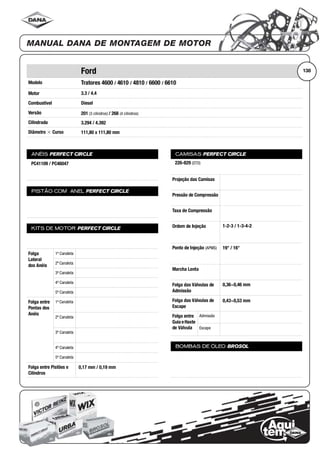 Modelo
Motor
Combustível
Versão
Cilindrada
Diâmetro ϫ Curso
ANÉIS PERFECT CIRCLE
PISTÃO COM ANEL PERFECT CIRCLE
KITS DE MOTOR PERFECT CIRCLE
Folga
Lateral
dos Anéis
1ª Canaleta
2ª Canaleta
3ª Canaleta
4ª Canaleta
5ª Canaleta
Folga entre
Pontas dos
Anéis
1ª Canaleta
2ª Canaleta
3ª Canaleta
4ª Canaleta
5ª Canaleta
Folga entre Pistões e
Cilindros
CAMISAS PERFECT CIRCLE
Projeção das Camisas
Pressão de Compressão
Taxa de Compressão
Ordem de Injeção
Ponto de Injeção (APMS)
Marcha Lenta
Folga das Válvulas de
Admissão
Folga das Válvulas de
Escape
Folga entre
Guia eHaste
de Válvula
Admissão
Escape
BOMBAS DE ÓLEO BROSOL
138Ford
Tratores 4600 / 4610 / 4810 / 6600 / 6610
3.3 / 4.4
Diesel
201 (3 cilindros) / 268 (4 cilindros)
3.294 / 4.392
111,80 x 111,80 mm
PC41109 / PC46047
0,17 mm / 0,19 mm
226-829 (STD)
1-2-3 / 1-3-4-2
19° / 16°
0,36~0,46 mm
0,43~0,53 mm
 