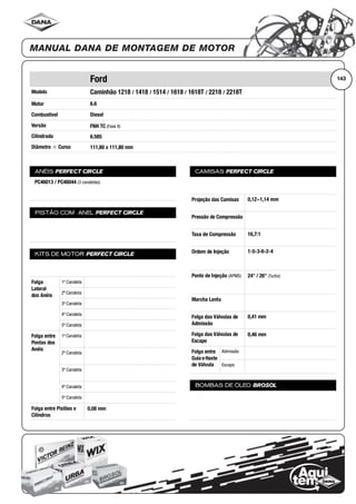 Modelo
Motor
Combustível
Versão
Cilindrada
Diâmetro ϫ Curso
ANÉIS PERFECT CIRCLE
PISTÃO COM ANEL PERFECT CIRCLE
KITS DE MOTOR PERFECT CIRCLE
Folga
Lateral
dos Anéis
1ª Canaleta
2ª Canaleta
3ª Canaleta
4ª Canaleta
5ª Canaleta
Folga entre
Pontas dos
Anéis
1ª Canaleta
2ª Canaleta
3ª Canaleta
4ª Canaleta
5ª Canaleta
Folga entre Pistões e
Cilindros
CAMISAS PERFECT CIRCLE
Projeção das Camisas
Pressão de Compressão
Taxa de Compressão
Ordem de Injeção
Ponto de Injeção (APMS)
Marcha Lenta
Folga das Válvulas de
Admissão
Folga das Válvulas de
Escape
Folga entre
Guia eHaste
de Válvula
Admissão
Escape
BOMBAS DE ÓLEO BROSOL
143Ford
Caminhão 1218 / 1418 / 1514 / 1618 / 1618T / 2218 / 2218T
6.6
Diesel
FNH TC (Fase II)
6.585
111,80 x 111,80 mm
PC46013 / PC46044 (3 canaletas)
0,08 mm
0,12~1,14 mm
16,7:1
1-5-3-6-2-4
24° / 26° (Turbo)
0,41 mm
0,46 mm
 