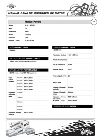 Modelo
Motor
Combustível
Versão
Cilindrada
Diâmetro ϫ Curso
ANÉIS PERFECT CIRCLE
PISTÃO COM ANEL PERFECT CIRCLE
KITS DE MOTOR PERFECT CIRCLE
Folga
Lateral
dos Anéis
1ª Canaleta
2ª Canaleta
3ª Canaleta
4ª Canaleta
5ª Canaleta
Folga entre
Pontas dos
Anéis
1ª Canaleta
2ª Canaleta
3ª Canaleta
4ª Canaleta
5ª Canaleta
Folga entre Pistões e
Cilindros
CAMISAS PERFECT CIRCLE
Projeção das Camisas
Pressão de Compressão
Taxa de Compressão
Ordem de Injeção
Ponto de Injeção (APMS)
Marcha Lenta
Folga das Válvulas de
Admissão
Folga das Válvulas de
Escape
Folga entre
Guia eHaste
de Válvula
Admissão
Escape
BOMBAS DE ÓLEO BROSOL
148Maxion-Perkins
3152 / D 3152
2.5
Diesel
3 cilindros
2.505
91,48 x 127 mm
PC46045
226-076 (injeção indireta) / 226-079 (injeção direta)
226-125 (injeção indireta) / 226-025 (injeção direta)
0,05~0,10 mm
0,05~0,10 mm
0,05~0,10 mm
0,05~0,10 mm
0,05~0,10 mm
0,15~0,17 mm
226-823 (STD)
-0,10~+0,02 mm
17,4:1
1-2-3
22°
0,30 mm
0,30 mm
0,02~0,08 mm
0,04~0,09 mm
 