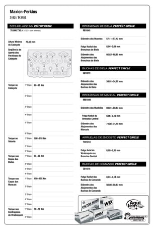 KITS DE JUNTAS VICTOR REINZ
Altura Mínima
do Cabeçote
Seqüência de
Aperto dos
Parafusos do
Cabeçote
Torque no
Cabeçote
1ª Etapa
2ª Etapa
3ª Etapa
4ª Etapa
5ª Etapa
6ª Etapa
Torque no
Volante
1ª Etapa
2ª Etapa
3ª Etapa
Torque nas
Capas das
Bielas
1ª Etapa
2ª Etapa
3ª Etapa
4ª Etapa
Torque nas
Capas dos
Mancais
1ª Etapa
2ª Etapa
3ª Etapa
4ª Etapa
5ª Etapa
Torque nos
Contrapesos
do Virabrequim
1ª Etapa
2ª Etapa
BRONZINAS DE BIELA PERFECT CIRCLE
Diâmetro dos Moentes
Folga Radial das
Bronzinas de Biela
Diâmetro dos
Alojamentos das
Bronzinas de Biela
BUCHAS DE BIELA PERFECT CIRCLE
Diâmetro dos
Alojamentos das
Buchas de Biela
BRONZINAS DE MANCAL PERFECT CIRCLE
Diâmetro dos Munhões
Folga Radial da
Bronzina Central
Diâmetro dos
Alojamentos dos
Mancais
ARRUELAS DE ENCOSTO PERFECT CIRCLE
Folga Axial do
Virabrequim na
Bronzina Central
BUCHAS DE COMANDO PERFECT CIRCLE
Folga Radial das
Buchas de Comando
Diâmetro dos
Alojamentos das
Buchas de Comando
Maxion-Perkins
3152 / D 3152
70.006.730 (A 3152 – com retentor)
75,50 mm
610 2 3 7 11
1415
12
13
54
8 1 9
80~95 Nm
100~110 Nm
55~62 Nm
150~155 Nm
70~75 Nm
RB1045
57,11~57,12 mm
0,04~0,09 mm
60,83~60,85 mm
GB1073
34,91~34,95 mm
MB1049
69,81~69,83 mm
0,06~0,12 mm
74,08~74,10 mm
TW1010
0,05~0,35 mm
GB1075
0,04~0,14 mm
50,80~50,83 mm
 