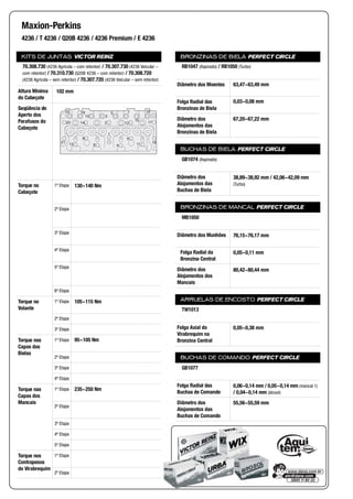 KITS DE JUNTAS VICTOR REINZ
Altura Mínima
do Cabeçote
Seqüência de
Aperto dos
Parafusos do
Cabeçote
Torque no
Cabeçote
1ª Etapa
2ª Etapa
3ª Etapa
4ª Etapa
5ª Etapa
6ª Etapa
Torque no
Volante
1ª Etapa
2ª Etapa
3ª Etapa
Torque nas
Capas das
Bielas
1ª Etapa
2ª Etapa
3ª Etapa
4ª Etapa
Torque nas
Capas dos
Mancais
1ª Etapa
2ª Etapa
3ª Etapa
4ª Etapa
5ª Etapa
Torque nos
Contrapesos
do Virabrequim
1ª Etapa
2ª Etapa
BRONZINAS DE BIELA PERFECT CIRCLE
Diâmetro dos Moentes
Folga Radial das
Bronzinas de Biela
Diâmetro dos
Alojamentos das
Bronzinas de Biela
BUCHAS DE BIELA PERFECT CIRCLE
Diâmetro dos
Alojamentos das
Buchas de Biela
BRONZINAS DE MANCAL PERFECT CIRCLE
Diâmetro dos Munhões
Folga Radial da
Bronzina Central
Diâmetro dos
Alojamentos dos
Mancais
ARRUELAS DE ENCOSTO PERFECT CIRCLE
Folga Axial do
Virabrequim na
Bronzina Central
BUCHAS DE COMANDO PERFECT CIRCLE
Folga Radial das
Buchas de Comando
Diâmetro dos
Alojamentos das
Buchas de Comando
Maxion-Perkins
4236 / T 4236 / Q20B 4236 / 4236 Premium / E 4236
70.308.730 (4236 Agrícola – com retentor) / 70.307.730 (4236 Veicular –
com retentor) / 70.310.730 (Q20B 4236 – com retentor) / 70.308.720
(4236 Agrícola – sem retentor) / 70.307.720 (4236 Veicular – sem retentor)
102 mm
1
6
8
14
10 3
2
4
9
12
75
1321
20
22 16
11 18
17
19
15
130~140 Nm
105~115 Nm
95~105 Nm
235~250 Nm
RB1047 (Aspirado) / RB1050 (Turbo)
63,47~63,49 mm
0,03~0,08 mm
67,20~67,22 mm
GB1074 (Aspirado)
38,89~38,92 mm / 42,06~42,09 mm
(Turbo)
MB1050
76,15~76,17 mm
0,05~0,11 mm
80,42~80,44 mm
TW1013
0,05~0,38 mm
GB1077
0,06~0,14 mm / 0,05~0,14 mm (mancal 1)
/ 0,04~0,14 mm (álcool)
55,56~55,59 mm
 