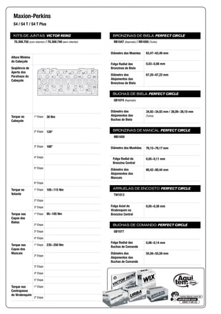 KITS DE JUNTAS VICTOR REINZ
Altura Mínima
do Cabeçote
Seqüência de
Aperto dos
Parafusos do
Cabeçote
Torque no
Cabeçote
1ª Etapa
2ª Etapa
3ª Etapa
4ª Etapa
5ª Etapa
6ª Etapa
Torque no
Volante
1ª Etapa
2ª Etapa
3ª Etapa
Torque nas
Capas das
Bielas
1ª Etapa
2ª Etapa
3ª Etapa
4ª Etapa
Torque nas
Capas dos
Mancais
1ª Etapa
2ª Etapa
3ª Etapa
4ª Etapa
5ª Etapa
Torque nos
Contrapesos
do Virabrequim
1ª Etapa
2ª Etapa
BRONZINAS DE BIELA PERFECT CIRCLE
Diâmetro dos Moentes
Folga Radial das
Bronzinas de Biela
Diâmetro dos
Alojamentos das
Bronzinas de Biela
BUCHAS DE BIELA PERFECT CIRCLE
Diâmetro dos
Alojamentos das
Buchas de Biela
BRONZINAS DE MANCAL PERFECT CIRCLE
Diâmetro dos Munhões
Folga Radial da
Bronzina Central
Diâmetro dos
Alojamentos dos
Mancais
ARRUELAS DE ENCOSTO PERFECT CIRCLE
Folga Axial do
Virabrequim na
Bronzina Central
BUCHAS DE COMANDO PERFECT CIRCLE
Folga Radial das
Buchas de Comando
Diâmetro dos
Alojamentos das
Buchas de Comando
Maxion-Perkins
S4 / S4 T / S4 T Plus
70.309.750 (com retentor) / 70.309.740 (sem retentor)
15
1
2
3
4
5
6
7
8
9
10
11
13
14
16 17
18
19
20
21
2212
30 Nm
120°
180°
105~115 Nm
95~105 Nm
235~250 Nm
RB1047 (Aspirado) / RB1050 (Turbo)
63,47~63,49 mm
0,03~0,08 mm
67,20~67,22 mm
GB1074 (Aspirado)
34,92~34,93 mm / 38,09~38,10 mm
(Turbo)
MB1050
76,15~76,17 mm
0,05~0,11 mm
80,42~80,44 mm
TW1013
0,05~0,38 mm
GB1077
0,06~0,14 mm
55,56~55,59 mm
 