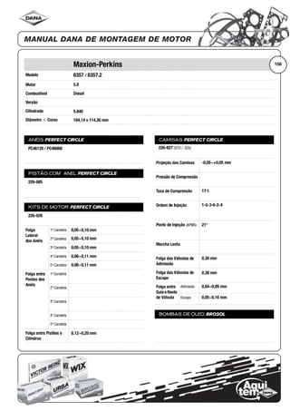 Modelo
Motor
Combustível
Versão
Cilindrada
Diâmetro ϫ Curso
ANÉIS PERFECT CIRCLE
PISTÃO COM ANEL PERFECT CIRCLE
KITS DE MOTOR PERFECT CIRCLE
Folga
Lateral
dos Anéis
1ª Canaleta
2ª Canaleta
3ª Canaleta
4ª Canaleta
5ª Canaleta
Folga entre
Pontas dos
Anéis
1ª Canaleta
2ª Canaleta
3ª Canaleta
4ª Canaleta
5ª Canaleta
Folga entre Pistões e
Cilindros
CAMISAS PERFECT CIRCLE
Projeção das Camisas
Pressão de Compressão
Taxa de Compressão
Ordem de Injeção
Ponto de Injeção (APMS)
Marcha Lenta
Folga das Válvulas de
Admissão
Folga das Válvulas de
Escape
Folga entre
Guia eHaste
de Válvula
Admissão
Escape
BOMBAS DE ÓLEO BROSOL
158Maxion-Perkins
6357 / 6357.2
5.8
Diesel
5.840
104,14 x 114,30 mm
PC46120 / PC46068
226-085
226-026
0,05~0,10 mm
0,05~0,10 mm
0,05~0,10 mm
0,06~0,11 mm
0,06~0,11 mm
0,12~0,20 mm
226-827 (STD / .020)
-0,05~+0,05 mm
17:1
1-5-3-6-2-4
21°
0,30 mm
0,38 mm
0,04~0,09 mm
0,05~0,10 mm
 