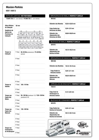 KITS DE JUNTAS VICTOR REINZ
Altura Mínima
do Cabeçote
Seqüência de
Aperto dos
Parafusos do
Cabeçote
Torque no
Cabeçote
1ª Etapa
2ª Etapa
3ª Etapa
4ª Etapa
5ª Etapa
6ª Etapa
Torque no
Volante
1ª Etapa
2ª Etapa
3ª Etapa
Torque nas
Capas das
Bielas
1ª Etapa
2ª Etapa
3ª Etapa
4ª Etapa
Torque nas
Capas dos
Mancais
1ª Etapa
2ª Etapa
3ª Etapa
4ª Etapa
5ª Etapa
Torque nos
Contrapesos
do Virabrequim
1ª Etapa
2ª Etapa
BRONZINAS DE BIELA PERFECT CIRCLE
Diâmetro dos Moentes
Folga Radial das
Bronzinas de Biela
Diâmetro dos
Alojamentos das
Bronzinas de Biela
BUCHAS DE BIELA PERFECT CIRCLE
Diâmetro dos
Alojamentos das
Buchas de Biela
BRONZINAS DE MANCAL PERFECT CIRCLE
Diâmetro dos Munhões
Folga Radial da
Bronzina Central
Diâmetro dos
Alojamentos dos
Mancais
ARRUELAS DE ENCOSTO PERFECT CIRCLE
Folga Axial do
Virabrequim na
Bronzina Central
BUCHAS DE COMANDO PERFECT CIRCLE
Folga Radial das
Buchas de Comando
Diâmetro dos
Alojamentos das
Buchas de Comando
Maxion-Perkins
6357 / 6357.2
70.907.730 (TA – com retentor) / 70.906.730 (V – com retentor)
82 mm
323033 31 21 11 20
23 15 4 3 12 24
1
2
56
78
910
13 14
16
17 18
19
2225
26
27 28
29
25
30 1
23
45
67
89
1011
1213 1415
1617
18 19
20 21
22
232426
2728
29
31
32 33
34 35
85~95 Nm (prisioneiros) / 75~80 Nm
(porcas)
105~110 Nm
95~105 Nm (parafusos 1/2) / 120~130 Nm
(parafusos 9/16)
130~140 Nm
RB1043
62,93~62,95 mm
0,04~0,10 mm
66,66~66,68 mm
GB1072
40,18~40,22 mm
MB1046
76,18~76,19 mm
0,05~0,11 mm
80,58~80,60 mm
TW1011
0,12~0,35 mm
GB1076
0,05~0,11 mm
59,12~59,14 mm
 