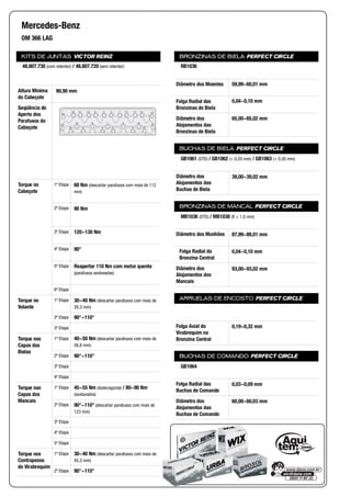 KITS DE JUNTAS VICTOR REINZ
Altura Mínima
do Cabeçote
Seqüência de
Aperto dos
Parafusos do
Cabeçote
Torque no
Cabeçote
1ª Etapa
2ª Etapa
3ª Etapa
4ª Etapa
5ª Etapa
6ª Etapa
Torque no
Volante
1ª Etapa
2ª Etapa
3ª Etapa
Torque nas
Capas das
Bielas
1ª Etapa
2ª Etapa
3ª Etapa
4ª Etapa
Torque nas
Capas dos
Mancais
1ª Etapa
2ª Etapa
3ª Etapa
4ª Etapa
5ª Etapa
Torque nos
Contrapesos
do Virabrequim
1ª Etapa
2ª Etapa
BRONZINAS DE BIELA PERFECT CIRCLE
Diâmetro dos Moentes
Folga Radial das
Bronzinas de Biela
Diâmetro dos
Alojamentos das
Bronzinas de Biela
BUCHAS DE BIELA PERFECT CIRCLE
Diâmetro dos
Alojamentos das
Buchas de Biela
BRONZINAS DE MANCAL PERFECT CIRCLE
Diâmetro dos Munhões
Folga Radial da
Bronzina Central
Diâmetro dos
Alojamentos dos
Mancais
ARRUELAS DE ENCOSTO PERFECT CIRCLE
Folga Axial do
Virabrequim na
Bronzina Central
BUCHAS DE COMANDO PERFECT CIRCLE
Folga Radial das
Buchas de Comando
Diâmetro dos
Alojamentos das
Buchas de Comando
Mercedes-Benz
OM 366 LAG
48.807.730 (com retentor) / 48.807.720 (sem retentor)
90,90 mm
24
18 14 10 6 2 3 7 13 17 21 23
251591816
22
20 12 4 5 11 19
60 Nm (descartar parafusos com mais de 112
mm)
90 Nm
120~130 Nm
90°
Reapertar 110 Nm com motor quente
(parafusos sextavados)
30~40 Nm (descartar parafusos com mais de
26,3 mm)
90°~110°
40~50 Nm (descartar parafusos com mais de
56,8 mm)
90°~110°
45~55 Nm (dodecagonal) / 80~90 Nm
(sextavados)
90°~110° (descartar parafusos com mais de
123 mm)
30~40 Nm (descartar parafusos com mais de
45,3 mm)
90°~110°
RB1036
59,99~60,01 mm
0,04~0,10 mm
65,00~65,02 mm
GB1061 (STD) / GB1062 (+ 0,20 mm) / GB1063 (+ 0,50 mm)
39,00~39,02 mm
MB1036 (STD) / MB1038 (fl + 1,0 mm)
87,99~88,01 mm
0,04~0,10 mm
93,00~93,02 mm
0,19~0,32 mm
GB1064
0,03~0,09 mm
60,00~60,03 mm
 