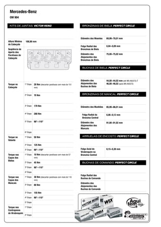KITS DE JUNTAS VICTOR REINZ
Altura Mínima
do Cabeçote
Seqüência de
Aperto dos
Parafusos do
Cabeçote
Torque no
Cabeçote
1ª Etapa
2ª Etapa
3ª Etapa
4ª Etapa
5ª Etapa
6ª Etapa
Torque no
Volante
1ª Etapa
2ª Etapa
3ª Etapa
Torque nas
Capas das
Bielas
1ª Etapa
2ª Etapa
3ª Etapa
4ª Etapa
Torque nas
Capas dos
Mancais
1ª Etapa
2ª Etapa
3ª Etapa
4ª Etapa
5ª Etapa
Torque nos
Contrapesos
do Virabrequim
1ª Etapa
2ª Etapa
BRONZINAS DE BIELA PERFECT CIRCLE
Diâmetro dos Moentes
Folga Radial das
Bronzinas de Biela
Diâmetro dos
Alojamentos das
Bronzinas de Biela
BUCHAS DE BIELA PERFECT CIRCLE
Diâmetro dos
Alojamentos das
Buchas de Biela
BRONZINAS DE MANCAL PERFECT CIRCLE
Diâmetro dos Munhões
Folga Radial da
Bronzina Central
Diâmetro dos
Alojamentos dos
Mancais
ARRUELAS DE ENCOSTO PERFECT CIRCLE
Folga Axial do
Virabrequim na
Bronzina Central
BUCHAS DE COMANDO PERFECT CIRCLE
Folga Radial das
Buchas de Comando
Diâmetro dos
Alojamentos das
Buchas de Comando
Mercedes-Benz
OM 904
106,90 mm
95137
842610
20 Nm (descartar parafusos com mais de 151
mm)
70 Nm
170 Nm
280 Nm
90°~110°
50 Nm
125 Nm
90°~110°
10 Nm (descartar parafusos com mais de 57
mm)
45 Nm
90°~110°
30 Nm (descartar parafusos com mais de 116
mm)
80 Nm
155 Nm
90°~110°
69,99~70,01 mm
0,04~0,09 mm
75,00~75,02 mm
44,00~44,02 mm (até NR.456372) /
46,00~46,02 (após NR.456372)
85,99~86,01 mm
0,06~0,12 mm
91,00~91,02 mm
0,15~0,38 mm
 