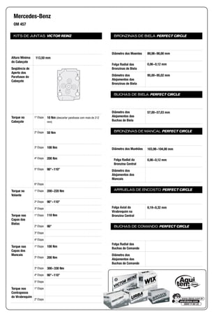 KITS DE JUNTAS VICTOR REINZ
Altura Mínima
do Cabeçote
Seqüência de
Aperto dos
Parafusos do
Cabeçote
Torque no
Cabeçote
1ª Etapa
2ª Etapa
3ª Etapa
4ª Etapa
5ª Etapa
6ª Etapa
Torque no
Volante
1ª Etapa
2ª Etapa
3ª Etapa
Torque nas
Capas das
Bielas
1ª Etapa
2ª Etapa
3ª Etapa
4ª Etapa
Torque nas
Capas dos
Mancais
1ª Etapa
2ª Etapa
3ª Etapa
4ª Etapa
5ª Etapa
Torque nos
Contrapesos
do Virabrequim
1ª Etapa
2ª Etapa
BRONZINAS DE BIELA PERFECT CIRCLE
Diâmetro dos Moentes
Folga Radial das
Bronzinas de Biela
Diâmetro dos
Alojamentos das
Bronzinas de Biela
BUCHAS DE BIELA PERFECT CIRCLE
Diâmetro dos
Alojamentos das
Buchas de Biela
BRONZINAS DE MANCAL PERFECT CIRCLE
Diâmetro dos Munhões
Folga Radial da
Bronzina Central
Diâmetro dos
Alojamentos dos
Mancais
ARRUELAS DE ENCOSTO PERFECT CIRCLE
Folga Axial do
Virabrequim na
Bronzina Central
BUCHAS DE COMANDO PERFECT CIRCLE
Folga Radial das
Buchas de Comando
Diâmetro dos
Alojamentos das
Buchas de Comando
Mercedes-Benz
OM 457
113,50 mm
3
4 2
1
10 Nm (descartar parafusos com mais de 212
mm)
50 Nm
100 Nm
200 Nm
90°~110°
200~220 Nm
90°~110°
110 Nm
90°
100 Nm
200 Nm
300~330 Nm
90°~110°
89,98~90,00 mm
0,06~0,12 mm
95,00~95,02 mm
57,00~57,03 mm
103,98~104,00 mm
0,06~0,12 mm
0,19~0,32 mm
 
