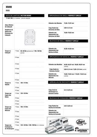 KITS DE JUNTAS VICTOR REINZ
Altura Mínima
do Cabeçote
Seqüência de
Aperto dos
Parafusos do
Cabeçote
Torque no
Cabeçote
1ª Etapa
2ª Etapa
3ª Etapa
4ª Etapa
5ª Etapa
6ª Etapa
Torque no
Volante
1ª Etapa
2ª Etapa
3ª Etapa
Torque nas
Capas das
Bielas
1ª Etapa
2ª Etapa
3ª Etapa
4ª Etapa
Torque nas
Capas dos
Mancais
1ª Etapa
2ª Etapa
3ª Etapa
4ª Etapa
5ª Etapa
Torque nos
Contrapesos
do Virabrequim
1ª Etapa
2ª Etapa
BRONZINAS DE BIELA PERFECT CIRCLE
Diâmetro dos Moentes
Folga Radial das
Bronzinas de Biela
Diâmetro dos
Alojamentos das
Bronzinas de Biela
BUCHAS DE BIELA PERFECT CIRCLE
Diâmetro dos
Alojamentos das
Buchas de Biela
BRONZINAS DE MANCAL PERFECT CIRCLE
Diâmetro dos Munhões
Folga Radial da
Bronzina Central
Diâmetro dos
Alojamentos dos
Mancais
ARRUELAS DE ENCOSTO PERFECT CIRCLE
Folga Axial do
Virabrequim na
Bronzina Central
BUCHAS DE COMANDO PERFECT CIRCLE
Folga Radial das
Buchas de Comando
Diâmetro dos
Alojamentos das
Buchas de Comando
MWM
D222
71.401.700 (3 e 4 cilindros – junta de cabeçote)
3 2
1 4
40~50 Nm (prisioneiros) / 140~150 Nm
(porcas)
100~110 Nm
120~130 Nm
100~110 Nm
130~140 Nm / 180~190 Nm (2 e 3 cilindros)
72,95~72,97 mm
0,06~0,13 mm
78,00~78,02 mm
42,00~42,02 mm
64,95~64,97 mm / 99,95~99,97 mm
(central)
0,06~0,14 mm / 0,09~0,16 mm (central)
78,00~78,02 mm / 116,00~116,03 mm
(central)
0,12~0,20 mm
0,04~0,08 mm
 