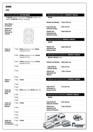 KITS DE JUNTAS VICTOR REINZ
Altura Mínima
do Cabeçote
Seqüência de
Aperto dos
Parafusos do
Cabeçote
Torque no
Cabeçote
1ª Etapa
2ª Etapa
3ª Etapa
4ª Etapa
5ª Etapa
6ª Etapa
Torque no
Volante
1ª Etapa
2ª Etapa
3ª Etapa
Torque nas
Capas das
Bielas
1ª Etapa
2ª Etapa
3ª Etapa
4ª Etapa
Torque nas
Capas dos
Mancais
1ª Etapa
2ª Etapa
3ª Etapa
4ª Etapa
5ª Etapa
Torque nos
Contrapesos
do Virabrequim
1ª Etapa
2ª Etapa
BRONZINAS DE BIELA PERFECT CIRCLE
Diâmetro dos Moentes
Folga Radial das
Bronzinas de Biela
Diâmetro dos
Alojamentos das
Bronzinas de Biela
BUCHAS DE BIELA PERFECT CIRCLE
Diâmetro dos
Alojamentos das
Buchas de Biela
BRONZINAS DE MANCAL PERFECT CIRCLE
Diâmetro dos Munhões
Folga Radial da
Bronzina Central
Diâmetro dos
Alojamentos dos
Mancais
ARRUELAS DE ENCOSTO PERFECT CIRCLE
Folga Axial do
Virabrequim na
Bronzina Central
BUCHAS DE COMANDO PERFECT CIRCLE
Folga Radial das
Buchas de Comando
Diâmetro dos
Alojamentos das
Buchas de Comando
MWM
D225
71.606.720 (3 cilindros – sem retentor) / 71.706.720 (4 cilindros – sem
retentor) / 71.806.720 (6 cilindros – sem retentor)
3 2
1 4
60 Nm (sextavado de 17 mm) / 100 Nm
(sextavado de 22 mm)
120 Nm (sextavado de 17 mm) / 150 Nm
(sextavado de 22 mm)
180 Nm (sextavado de 17 mm) / 210 Nm
(sextavado de 22 mm)
120 Nm
80 Nm (motor 10.9) / 100 Nm (motor 12.9)
140 Nm
140 Nm
RB1040
57,95~57,97 mm
0,05~0,10 mm
62,00~62,02 mm
GB1068
36,00~36,02 mm
MB1042 / MB1043 (Flange)
64,95~64,97 mm
0,06~0,12 mm
71,00~71,02 mm
0,12~0,21 mm
GB1069
0,04~0,09 mm
47,00~47,02 mm
 