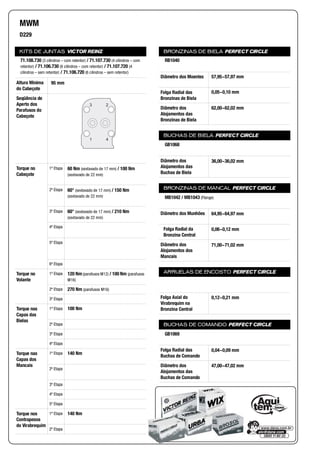 KITS DE JUNTAS VICTOR REINZ
Altura Mínima
do Cabeçote
Seqüência de
Aperto dos
Parafusos do
Cabeçote
Torque no
Cabeçote
1ª Etapa
2ª Etapa
3ª Etapa
4ª Etapa
5ª Etapa
6ª Etapa
Torque no
Volante
1ª Etapa
2ª Etapa
3ª Etapa
Torque nas
Capas das
Bielas
1ª Etapa
2ª Etapa
3ª Etapa
4ª Etapa
Torque nas
Capas dos
Mancais
1ª Etapa
2ª Etapa
3ª Etapa
4ª Etapa
5ª Etapa
Torque nos
Contrapesos
do Virabrequim
1ª Etapa
2ª Etapa
BRONZINAS DE BIELA PERFECT CIRCLE
Diâmetro dos Moentes
Folga Radial das
Bronzinas de Biela
Diâmetro dos
Alojamentos das
Bronzinas de Biela
BUCHAS DE BIELA PERFECT CIRCLE
Diâmetro dos
Alojamentos das
Buchas de Biela
BRONZINAS DE MANCAL PERFECT CIRCLE
Diâmetro dos Munhões
Folga Radial da
Bronzina Central
Diâmetro dos
Alojamentos dos
Mancais
ARRUELAS DE ENCOSTO PERFECT CIRCLE
Folga Axial do
Virabrequim na
Bronzina Central
BUCHAS DE COMANDO PERFECT CIRCLE
Folga Radial das
Buchas de Comando
Diâmetro dos
Alojamentos das
Buchas de Comando
MWM
D229
71.108.730 (3 cilindros – com retentor) / 71.107.730 (4 cilindros – com
retentor) / 71.106.730 (6 cilindros – com retentor) / 71.107.720 (4
cilindros – sem retentor) / 71.106.720 (6 cilindros – sem retentor)
95 mm
3 2
1 4
60 Nm (sextavado de 17 mm) / 100 Nm
(sextavado de 22 mm)
60° (sextavado de 17 mm) / 150 Nm
(sextavado de 22 mm)
60° (sextavado de 17 mm) / 210 Nm
(sextavado de 22 mm)
120 Nm (parafusos M12) / 100 Nm (parafusos
M16)
270 Nm (parafusos M16)
100 Nm
140 Nm
140 Nm
RB1040
57,95~57,97 mm
0,05~0,10 mm
62,00~62,02 mm
GB1068
36,00~36,02 mm
MB1042 / MB1043 (Flange)
64,95~64,97 mm
0,06~0,12 mm
71,00~71,02 mm
0,12~0,21 mm
GB1069
0,04~0,09 mm
47,00~47,02 mm
 