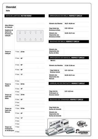KITS DE JUNTAS VICTOR REINZ
Altura Mínima
do Cabeçote
Seqüência de
Aperto dos
Parafusos do
Cabeçote
Torque no
Cabeçote
1ª Etapa
2ª Etapa
3ª Etapa
4ª Etapa
5ª Etapa
6ª Etapa
Torque no
Volante
1ª Etapa
2ª Etapa
3ª Etapa
Torque nas
Capas das
Bielas
1ª Etapa
2ª Etapa
3ª Etapa
4ª Etapa
Torque nas
Capas dos
Mancais
1ª Etapa
2ª Etapa
3ª Etapa
4ª Etapa
5ª Etapa
Torque nos
Contrapesos
do Virabrequim
1ª Etapa
2ª Etapa
BRONZINAS DE BIELA PERFECT CIRCLE
Diâmetro dos Moentes
Folga Radial das
Bronzinas de Biela
Diâmetro dos
Alojamentos das
Bronzinas de Biela
BUCHAS DE BIELA PERFECT CIRCLE
Diâmetro dos
Alojamentos das
Buchas de Biela
BRONZINAS DE MANCAL PERFECT CIRCLE
Diâmetro dos Munhões
Folga Radial da
Bronzina Central
Diâmetro dos
Alojamentos dos
Mancais
ARRUELAS DE ENCOSTO PERFECT CIRCLE
Folga Axial do
Virabrequim na
Bronzina Central
BUCHAS DE COMANDO PERFECT CIRCLE
Folga Radial das
Buchas de Comando
Diâmetro dos
Alojamentos das
Buchas de Comando
Chevrolet
Astra
8
7
4
3
1
2
5
6
9
10
25 Nm
90°
90°
90°
15°
60 Nm
30°
35 Nm
45°
50 Nm
45°
15°
48,97~48,99 mm
0,02~0,06 mm
52,00~52,01 mm
MB1015
57,98~57,99 mm
0,01~0,04 mm
62,00~62,01 mm
0,07~0,20 mm
 