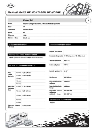 Modelo
Motor
Combustível
Versão
Cilindrada
Diâmetro ϫ Curso
ANÉIS PERFECT CIRCLE
PISTÃO COM ANEL PERFECT CIRCLE
KITS DE MOTOR PERFECT CIRCLE
Folga
Lateral
dos Anéis
1ª Canaleta
2ª Canaleta
3ª Canaleta
4ª Canaleta
5ª Canaleta
Folga entre
Pontas dos
Anéis
1ª Canaleta
2ª Canaleta
3ª Canaleta
4ª Canaleta
5ª Canaleta
Folga entre Pistões e
Cilindros
CAMISAS PERFECT CIRCLE
Projeção das Camisas
Pressão de Compressão
Taxa de Compressão
Ordem de Explosão
Ponto de Ignição (APMS)
Marcha Lenta
Folga das Válvulas de
Admissão
Folga das Válvulas de
Escape
Folga entre
Guia eHaste
de Válvula
Admissão
Escape
BOMBAS DE ÓLEO BROSOL
16Chevrolet
Vectra / Omega / Suprema / Monza / Kadett / Ipanema
2.0
Gasolina / Álcool
8V
1.998
86 x 86 mm
PC41470
226-051 (gasolina com carburador) / 226-053 (álcool com carburador)
0,03~0,06 mm
0,02~0,05 mm
0,30~0,50 mm
0,30~0,50 mm
0,40~1,40 mm
0,01~0,03 mm
10~12 bar (gasolina) / 16~18 bar (álcool)
9,8:1 / 12:1
1-3-4-2
6° / 8°
800~900 rpm
hidráulico
hidráulico
0,02~0,05 mm
0,04~0,07 mm
BO0310
 