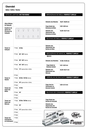 KITS DE JUNTAS VICTOR REINZ
Altura Mínima
do Cabeçote
Seqüência de
Aperto dos
Parafusos do
Cabeçote
Torque no
Cabeçote
1ª Etapa
2ª Etapa
3ª Etapa
4ª Etapa
5ª Etapa
6ª Etapa
Torque no
Volante
1ª Etapa
2ª Etapa
3ª Etapa
Torque nas
Capas das
Bielas
1ª Etapa
2ª Etapa
3ª Etapa
4ª Etapa
Torque nas
Capas dos
Mancais
1ª Etapa
2ª Etapa
3ª Etapa
4ª Etapa
5ª Etapa
Torque nos
Contrapesos
do Virabrequim
1ª Etapa
2ª Etapa
BRONZINAS DE BIELA PERFECT CIRCLE
Diâmetro dos Moentes
Folga Radial das
Bronzinas de Biela
Diâmetro dos
Alojamentos das
Bronzinas de Biela
BUCHAS DE BIELA PERFECT CIRCLE
Diâmetro dos
Alojamentos das
Buchas de Biela
BRONZINAS DE MANCAL PERFECT CIRCLE
Diâmetro dos Munhões
Folga Radial da
Bronzina Central
Diâmetro dos
Alojamentos dos
Mancais
ARRUELAS DE ENCOSTO PERFECT CIRCLE
Folga Axial do
Virabrequim na
Bronzina Central
BUCHAS DE COMANDO PERFECT CIRCLE
Folga Radial das
Buchas de Comando
Diâmetro dos
Alojamentos das
Buchas de Comando
Chevrolet
Astra / Zafira / Vectra
8
7
4
3
1
2
5
6
9
10
25 Nm
90° / 60° (Vectra)
90° / 60° (Vectra)
90° / 60° (Vectra)
15° (apenas Astra e Zafira)
60 Nm / 65 Nm (Vectra)
30° (apenas Astra e Zafira)
35 Nm
45°
50 Nm / 60 Nm (Vectra)
45°
15° (apenas Astra e Zafira)
48,97~48,99 mm
0,02~0,06 mm
52,00~52,01 mm
MB1015
57,98~57,99 mm
0,01~0,04 mm
62,00~62,01 mm
0,05~0,15 mm
 