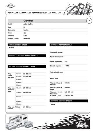 Modelo
Motor
Combustível
Versão
Cilindrada
Diâmetro ϫ Curso
ANÉIS PERFECT CIRCLE
PISTÃO COM ANEL PERFECT CIRCLE
KITS DE MOTOR PERFECT CIRCLE
Folga
Lateral
dos Anéis
1ª Canaleta
2ª Canaleta
3ª Canaleta
4ª Canaleta
5ª Canaleta
Folga entre
Pontas dos
Anéis
1ª Canaleta
2ª Canaleta
3ª Canaleta
4ª Canaleta
5ª Canaleta
Folga entre Pistões e
Cilindros
CAMISAS PERFECT CIRCLE
Projeção das Camisas
Pressão de Compressão
Taxa de Compressão
Ordem de Explosão
Ponto de Ignição (APMS)
Marcha Lenta
Folga das Válvulas de
Admissão
Folga das Válvulas de
Escape
Folga entre
Guia eHaste
de Válvula
Admissão
Escape
BOMBAS DE ÓLEO BROSOL
18Chevrolet
Astra / Zafira
2.0
Gasolina
16V
1.998
86 x 86 mm
PC41470
0,03~0,06 mm
0,02~0,05 mm
0,30~0,50 mm
0,30~0,50 mm
0,01~0,03 mm
9,6:1
1-3-4-2
hidráulico
hidráulico
0,02~0,05 mm
0,04~0,07 mm
BO0330
 