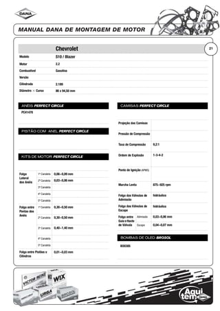 Modelo
Motor
Combustível
Versão
Cilindrada
Diâmetro ϫ Curso
ANÉIS PERFECT CIRCLE
PISTÃO COM ANEL PERFECT CIRCLE
KITS DE MOTOR PERFECT CIRCLE
Folga
Lateral
dos Anéis
1ª Canaleta
2ª Canaleta
3ª Canaleta
4ª Canaleta
5ª Canaleta
Folga entre
Pontas dos
Anéis
1ª Canaleta
2ª Canaleta
3ª Canaleta
4ª Canaleta
5ª Canaleta
Folga entre Pistões e
Cilindros
CAMISAS PERFECT CIRCLE
Projeção das Camisas
Pressão de Compressão
Taxa de Compressão
Ordem de Explosão
Ponto de Ignição (APMS)
Marcha Lenta
Folga das Válvulas de
Admissão
Folga das Válvulas de
Escape
Folga entre
Guia eHaste
de Válvula
Admissão
Escape
BOMBAS DE ÓLEO BROSOL
21Chevrolet
S10 / Blazer
2.2
Gasolina
2.189
86 x 94,50 mm
PC41470
0,06~0,09 mm
0,03~0,06 mm
0,30~0,50 mm
0,30~0,50 mm
0,40~1,40 mm
0,01~0,03 mm
9,2:1
1-3-4-2
875~925 rpm
hidráulico
hidráulico
0,03~0,06 mm
0,04~0,07 mm
BO0305
 