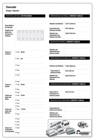 KITS DE JUNTAS VICTOR REINZ
Altura Mínima
do Cabeçote
Seqüência de
Aperto dos
Parafusos do
Cabeçote
Torque no
Cabeçote
1ª Etapa
2ª Etapa
3ª Etapa
4ª Etapa
5ª Etapa
6ª Etapa
Torque no
Volante
1ª Etapa
2ª Etapa
3ª Etapa
Torque nas
Capas das
Bielas
1ª Etapa
2ª Etapa
3ª Etapa
4ª Etapa
Torque nas
Capas dos
Mancais
1ª Etapa
2ª Etapa
3ª Etapa
4ª Etapa
5ª Etapa
Torque nos
Contrapesos
do Virabrequim
1ª Etapa
2ª Etapa
BRONZINAS DE BIELA PERFECT CIRCLE
Diâmetro dos Moentes
Folga Radial das
Bronzinas de Biela
Diâmetro dos
Alojamentos das
Bronzinas de Biela
BUCHAS DE BIELA PERFECT CIRCLE
Diâmetro dos
Alojamentos das
Buchas de Biela
BRONZINAS DE MANCAL PERFECT CIRCLE
Diâmetro dos Munhões
Folga Radial da
Bronzina Central
Diâmetro dos
Alojamentos dos
Mancais
ARRUELAS DE ENCOSTO PERFECT CIRCLE
Folga Axial do
Virabrequim na
Bronzina Central
BUCHAS DE COMANDO PERFECT CIRCLE
Folga Radial das
Buchas de Comando
Diâmetro dos
Alojamentos das
Buchas de Comando
Chevrolet
Omega / Suprema
13
11
7
9
5
3
2
1
4
6
10
8
12
14
60 Nm
90°
60 Nm
45 Nm
110 Nm
51,97~51,99 mm
0,03~0,08 mm
55,00~55,02 mm
57,98~58,00 mm
0,02~0,06 mm
62,00~62,02 mm
0,05~0,15 mm
 