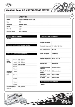 Modelo
Motor
Combustível
Versão
Cilindrada
Diâmetro ϫ Curso
ANÉIS PERFECT CIRCLE
PISTÃO COM ANEL PERFECT CIRCLE
KITS DE MOTOR PERFECT CIRCLE
Folga
Lateral
dos Anéis
1ª Canaleta
2ª Canaleta
3ª Canaleta
4ª Canaleta
5ª Canaleta
Folga entre
Pontas dos
Anéis
1ª Canaleta
2ª Canaleta
3ª Canaleta
4ª Canaleta
5ª Canaleta
Folga entre Pistões e
Cilindros
CAMISAS PERFECT CIRCLE
Projeção das Camisas
Pressão de Compressão
Taxa de Compressão
Ordem de Explosão
Ponto de Ignição (APMS)
Marcha Lenta
Folga das Válvulas de
Admissão
Folga das Válvulas de
Escape
Folga entre
Guia eHaste
de Válvula
Admissão
Escape
BOMBAS DE ÓLEO BROSOL
27Chevrolet
Opala / Caravan / A-20 / C-20
250
Gasolina / Álcool
4.100
4.097
98,42 x 89,70 mm
PC46056
0,02~0,12 mm
0,02~0,12 mm
0,02~0,12 mm
0,01~0,03 mm
10~12 bar / 15~18 bar
8:1 / 10:1
1-5-3-6-2-4
6°~10° / 14°~18°
600~650 rpm
0,25 mm (mecânico)
0,30 mm (mecânico)
0,02~0,07 mm
0,02~0,07 mm
BO0325
 
