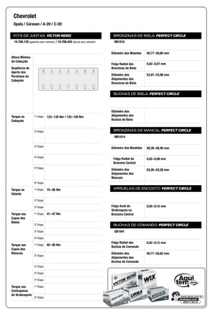 KITS DE JUNTAS VICTOR REINZ
Altura Mínima
do Cabeçote
Seqüência de
Aperto dos
Parafusos do
Cabeçote
Torque no
Cabeçote
1ª Etapa
2ª Etapa
3ª Etapa
4ª Etapa
5ª Etapa
6ª Etapa
Torque no
Volante
1ª Etapa
2ª Etapa
3ª Etapa
Torque nas
Capas das
Bielas
1ª Etapa
2ª Etapa
3ª Etapa
4ª Etapa
Torque nas
Capas dos
Mancais
1ª Etapa
2ª Etapa
3ª Etapa
4ª Etapa
5ª Etapa
Torque nos
Contrapesos
do Virabrequim
1ª Etapa
2ª Etapa
BRONZINAS DE BIELA PERFECT CIRCLE
Diâmetro dos Moentes
Folga Radial das
Bronzinas de Biela
Diâmetro dos
Alojamentos das
Bronzinas de Biela
BUCHAS DE BIELA PERFECT CIRCLE
Diâmetro dos
Alojamentos das
Buchas de Biela
BRONZINAS DE MANCAL PERFECT CIRCLE
Diâmetro dos Munhões
Folga Radial da
Bronzina Central
Diâmetro dos
Alojamentos dos
Mancais
ARRUELAS DE ENCOSTO PERFECT CIRCLE
Folga Axial do
Virabrequim na
Bronzina Central
BUCHAS DE COMANDO PERFECT CIRCLE
Folga Radial das
Buchas de Comando
Diâmetro dos
Alojamentos das
Buchas de Comando
Chevrolet
Opala / Caravan / A-20 / C-20
10.706.120 (gasolina sem retentor) / 10.706.420 (álcool sem retentor)
13
11
7
9
5
3
2
1
4
6
10
8
12
14
122~135 Nm / 135~150 Nm
75~95 Nm
41~47 Nm
82~95 Nm
RB1010
50,77~50,80 mm
0,02~0,07 mm
53,97~53,98 mm
MB1014
58,38~58,40 mm
0,02~0,08 mm
63,26~63,28 mm
0,05~0,15 mm
GB1041
0,02~0,12 mm
50,77~50,82 mm
 
