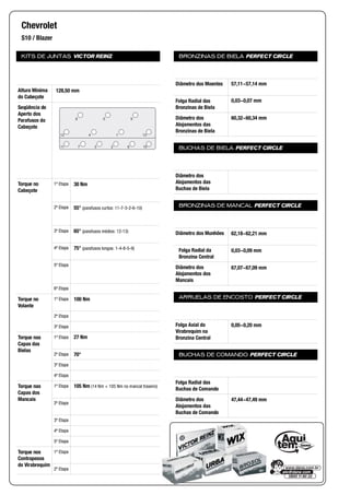 KITS DE JUNTAS VICTOR REINZ
Altura Mínima
do Cabeçote
Seqüência de
Aperto dos
Parafusos do
Cabeçote
Torque no
Cabeçote
1ª Etapa
2ª Etapa
3ª Etapa
4ª Etapa
5ª Etapa
6ª Etapa
Torque no
Volante
1ª Etapa
2ª Etapa
3ª Etapa
Torque nas
Capas das
Bielas
1ª Etapa
2ª Etapa
3ª Etapa
4ª Etapa
Torque nas
Capas dos
Mancais
1ª Etapa
2ª Etapa
3ª Etapa
4ª Etapa
5ª Etapa
Torque nos
Contrapesos
do Virabrequim
1ª Etapa
2ª Etapa
BRONZINAS DE BIELA PERFECT CIRCLE
Diâmetro dos Moentes
Folga Radial das
Bronzinas de Biela
Diâmetro dos
Alojamentos das
Bronzinas de Biela
BUCHAS DE BIELA PERFECT CIRCLE
Diâmetro dos
Alojamentos das
Buchas de Biela
BRONZINAS DE MANCAL PERFECT CIRCLE
Diâmetro dos Munhões
Folga Radial da
Bronzina Central
Diâmetro dos
Alojamentos dos
Mancais
ARRUELAS DE ENCOSTO PERFECT CIRCLE
Folga Axial do
Virabrequim na
Bronzina Central
BUCHAS DE COMANDO PERFECT CIRCLE
Folga Radial das
Buchas de Comando
Diâmetro dos
Alojamentos das
Buchas de Comando
Chevrolet
S10 / Blazer
128,50 mm
11 7 3 2 6 10
12 4 1 13
8 5 9
30 Nm
55° (parafusos curtos: 11-7-3-2-6-10)
65° (parafusos médios: 12-13)
75° (parafusos longos: 1-4-8-5-9)
100 Nm
27 Nm
70°
105 Nm (14 Nm + 105 Nm no mancal traseiro)
57,11~57,14 mm
0,03~0,07 mm
60,32~60,34 mm
62,18~62,21 mm
0,03~0,09 mm
67,07~67,09 mm
0,05~0,20 mm
47,44~47,49 mm
 