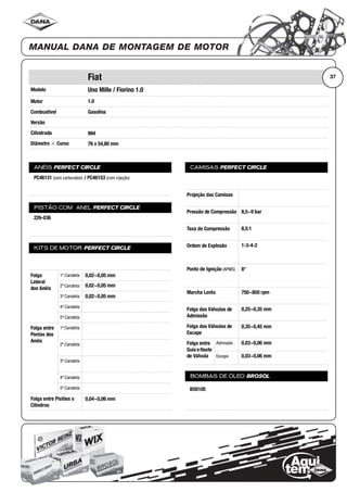 Modelo
Motor
Combustível
Versão
Cilindrada
Diâmetro ϫ Curso
ANÉIS PERFECT CIRCLE
PISTÃO COM ANEL PERFECT CIRCLE
KITS DE MOTOR PERFECT CIRCLE
Folga
Lateral
dos Anéis
1ª Canaleta
2ª Canaleta
3ª Canaleta
4ª Canaleta
5ª Canaleta
Folga entre
Pontas dos
Anéis
1ª Canaleta
2ª Canaleta
3ª Canaleta
4ª Canaleta
5ª Canaleta
Folga entre Pistões e
Cilindros
CAMISAS PERFECT CIRCLE
Projeção das Camisas
Pressão de Compressão
Taxa de Compressão
Ordem de Explosão
Ponto de Ignição (APMS)
Marcha Lenta
Folga das Válvulas de
Admissão
Folga das Válvulas de
Escape
Folga entre
Guia eHaste
de Válvula
Admissão
Escape
BOMBAS DE ÓLEO BROSOL
37Fiat
Uno Mille / Fiorino 1.0
1.0
Gasolina
994
76 x 54,80 mm
PC46131 (com carburador) / PC46153 (com injeção)
226-036
0,02~0,05 mm
0,02~0,05 mm
0,02~0,05 mm
0,04~0,06 mm
8,5~9 bar
8,5:1
1-3-4-2
8°
750~850 rpm
0,25~0,35 mm
0,35~0,45 mm
0,03~0,06 mm
0,03~0,06 mm
BO0105
 