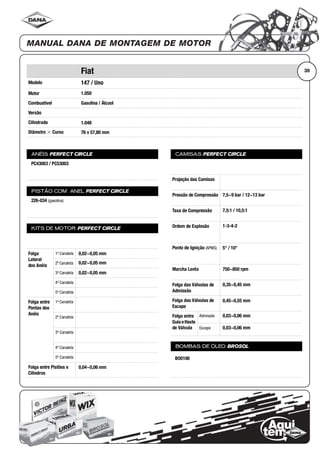 Modelo
Motor
Combustível
Versão
Cilindrada
Diâmetro ϫ Curso
ANÉIS PERFECT CIRCLE
PISTÃO COM ANEL PERFECT CIRCLE
KITS DE MOTOR PERFECT CIRCLE
Folga
Lateral
dos Anéis
1ª Canaleta
2ª Canaleta
3ª Canaleta
4ª Canaleta
5ª Canaleta
Folga entre
Pontas dos
Anéis
1ª Canaleta
2ª Canaleta
3ª Canaleta
4ª Canaleta
5ª Canaleta
Folga entre Pistões e
Cilindros
CAMISAS PERFECT CIRCLE
Projeção das Camisas
Pressão de Compressão
Taxa de Compressão
Ordem de Explosão
Ponto de Ignição (APMS)
Marcha Lenta
Folga das Válvulas de
Admissão
Folga das Válvulas de
Escape
Folga entre
Guia eHaste
de Válvula
Admissão
Escape
BOMBAS DE ÓLEO BROSOL
39Fiat
147 / Uno
1.050
Gasolina / Álcool
1.048
76 x 57,80 mm
PC43003 / PC53003
226-034 (gasolina)
0,02~0,05 mm
0,02~0,05 mm
0,02~0,05 mm
0,04~0,06 mm
7,5~9 bar / 12~13 bar
7,5:1 / 10,5:1
1-3-4-2
5° / 10°
750~850 rpm
0,35~0,45 mm
0,45~0,55 mm
0,03~0,06 mm
0,03~0,06 mm
BO0100
 