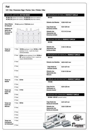 KITS DE JUNTAS VICTOR REINZ
Altura Mínima
do Cabeçote
Seqüência de
Aperto dos
Parafusos do
Cabeçote
Torque no
Cabeçote
1ª Etapa
2ª Etapa
3ª Etapa
4ª Etapa
5ª Etapa
6ª Etapa
Torque no
Volante
1ª Etapa
2ª Etapa
3ª Etapa
Torque nas
Capas das
Bielas
1ª Etapa
2ª Etapa
3ª Etapa
4ª Etapa
Torque nas
Capas dos
Mancais
1ª Etapa
2ª Etapa
3ª Etapa
4ª Etapa
5ª Etapa
Torque nos
Contrapesos
do Virabrequim
1ª Etapa
2ª Etapa
BRONZINAS DE BIELA PERFECT CIRCLE
Diâmetro dos Moentes
Folga Radial das
Bronzinas de Biela
Diâmetro dos
Alojamentos das
Bronzinas de Biela
BUCHAS DE BIELA PERFECT CIRCLE
Diâmetro dos
Alojamentos das
Buchas de Biela
BRONZINAS DE MANCAL PERFECT CIRCLE
Diâmetro dos Munhões
Folga Radial da
Bronzina Central
Diâmetro dos
Alojamentos dos
Mancais
ARRUELAS DE ENCOSTO PERFECT CIRCLE
Folga Axial do
Virabrequim na
Bronzina Central
BUCHAS DE COMANDO PERFECT CIRCLE
Folga Radial das
Buchas de Comando
Diâmetro dos
Alojamentos das
Buchas de Comando
Fiat
147 / City / Panorama /Oggi / Fiorino / Uno / Prêmio / Elba
40.306.130 (gasolina com retentor) / 40.306.430 (álcool com retentor) /
40.306.120 (gasolina sem retentor) / 40.306.420 (álcool sem retentor)
74 mm (gasolina) / 72,50 mm (álcool)
8 6 2 5 10
94137
130 Nm (parafusos 12 mm) / 65 Nm + 180°
(parafusos 12 mm – a partir dos chassis
3385382/8039609)
85 Nm (porcas e parafusos 10 mm) / 65 Nm +
90° (porcas e parafusos 10 mm – a partir dos
chassis 3385382/8039609)
83 Nm
51 Nm
80 Nm
RB1025
43,99~44,01 mm
0,02~0,05 mm
47,13~47,14 mm
GB1058
21,94~21,96 mm
MB1026
48,20~48,21 mm
0,03~0,07 mm
51,92~51,93 mm
TW1008
0,05~0,26 mm
GB1060 / GB1057 (comando auxiliar)
0,03~0,07 mm
33,03~33,06 mm
 