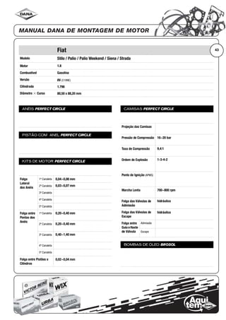 Modelo
Motor
Combustível
Versão
Cilindrada
Diâmetro ϫ Curso
ANÉIS PERFECT CIRCLE
PISTÃO COM ANEL PERFECT CIRCLE
KITS DE MOTOR PERFECT CIRCLE
Folga
Lateral
dos Anéis
1ª Canaleta
2ª Canaleta
3ª Canaleta
4ª Canaleta
5ª Canaleta
Folga entre
Pontas dos
Anéis
1ª Canaleta
2ª Canaleta
3ª Canaleta
4ª Canaleta
5ª Canaleta
Folga entre Pistões e
Cilindros
CAMISAS PERFECT CIRCLE
Projeção das Camisas
Pressão de Compressão
Taxa de Compressão
Ordem de Explosão
Ponto de Ignição (APMS)
Marcha Lenta
Folga das Válvulas de
Admissão
Folga das Válvulas de
Escape
Folga entre
Guia eHaste
de Válvula
Admissão
Escape
BOMBAS DE ÓLEO BROSOL
43Fiat
Stilo / Palio / Palio Weekend / Siena / Strada
1.8
Gasolina
8V (C18NE)
1.796
80,50 x 88,20 mm
0,04~0,08 mm
0,03~0,07 mm
0,20~0,40 mm
0,20~0,40 mm
0,40~1,40 mm
0,02~0,04 mm
16~20 bar
9,4:1
1-3-4-2
700~800 rpm
hidráulico
hidráulico
 