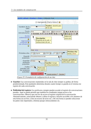 3 - Los módulos de comunicación
Guardar: Las conversaciones mantenidas en la sala de chat siempre se graban, de forma
predeterminada. Este parámetro determina durante cuanto tiempo se guarda en el sistema ese
registro de cada conversación.
Publicidad del registro: Los profesores siempre pueden acceder al registro de conversaciones
pasadas. Aquí se puede permitir que también los estudiantes tengan acceso a las
conversaciones. Observe que esto les da acceso al registro original de la conversación.
Alternativamente, usted puede obtener y editar el registro y hacerlo accesible a los alumnos de
otra forma (en un foro, como un recurso de texto etc.). De esta forma se pueden seleccionar
las partes más importantes, eliminar pasajes intrascendentes etc.
32
Figura 25. Formulario de configuración de un chat
Nombre: identificador
de la sala
Descripción:
Propósito de la sala e
instrucciones de uso
Próxima cita:
fecha y hora
Sesiones períodicas:
publicidad y plazo
Guardar: tiempo
de almacenamiento
Publicidad
del registro
Ejecutar cambios
Editor de
texto rico
 