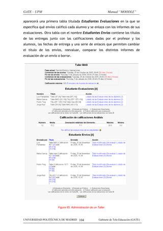 GATE – UPM                                                       Manual “MOODLE”

aparecerá una primera tabla titulada Estudiantes Evaluaciones en la que se
especifica qué envíos calificó cada alumno y se enlaza con los informes de sus
evaluaciones. Otra tabla con el nombre Estudiantes Envíos contiene los títulos
de las entregas junto con las calificaciones dadas por el profesor y los
alumnos, las fechas de entrega y una serie de enlaces que permiten cambiar
el título de los envíos, reevaluar, comparar los distintos informes de
evaluación de un envío o borrar.




                       Figura 85. Administración de un Taller.



UNIVERSIDAD POLITÉCNICA DE MADRID 104                   Gabinete de Tele-Educación (GATE)
 