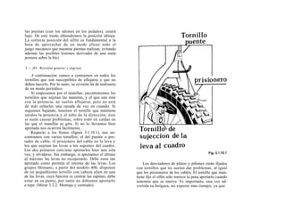 las piernas (con los talones en los pedales), estará
bajo. De este modo obtendremos la posición idónea.
La correcta posición del sillín es fundamental a la
hora de aprovechar de un modo eficaz todo el
juego mecánico que nuestras piernas realizan, evitando
además las posibles lesiones derivadas de una mala
postura sobre la bici.

3. /. JO. Revisión genera/ y engrase

    A continuación vamos a centrarnos en todos los
tornillos que son susceptibles de aflojarse y que no
deben hacerlo. Por lo tanto, su revisión ha de realizarse
de un modo periódico.
    Si empezamos por el manillar, encontraremos los
tornillos que sujetan las manetas, y el que une éste
con la potencia; no suelen aflojarse, pero no está
de más echarles una ojeada de vez en cuando. Si
seguimos bajando, tenemos el tornillo que mantiene
unidos la potencia y el tubo de la dirección; éste
sí suele causar problemas, sobre todo en caídas en
las que el manillar se gira. Si no lo llevamos bien
apretado nos ocurrirá fácilmente.
    Respecto a los frenos (figura 3.1.10.1), nos en-
contramos con varios tornillos; el del puente o por-
tador de cable, el prisionero del cable en la leva y
los que sujetan las levas a los soportes del cuadro.
Los dos primeros conviene apretarlos bien una sola
vez, y olvidarse. Sin embargo, si apretamos el último
al máximo las levas no recuperarán. Debe estar tan
apretado como permita el retorno de las levas. Los              Los desviadores de platos y piñones están fijados
grupos Shimano, a partir del modelo 400, disponen           con tornillos que no suelen dar problemas, al igual
de un pequeñísimo tornillo con cabeza alien en una          que los prisioneros de los cables. El tornillo que man-
de las levas, cuya función es centrar las zapatas; debe     tiene fijo el sillín sólo merece la pena apretarlo cuando
estar en su punto, por tanto no debemos apretarlo           notemos que se mueve. Es importante, una vez ad-
a tope. (Mirar 3.2.2. Montaje y centrado).                  vertida su holgura, no esperar más tiempo, ya que
 
